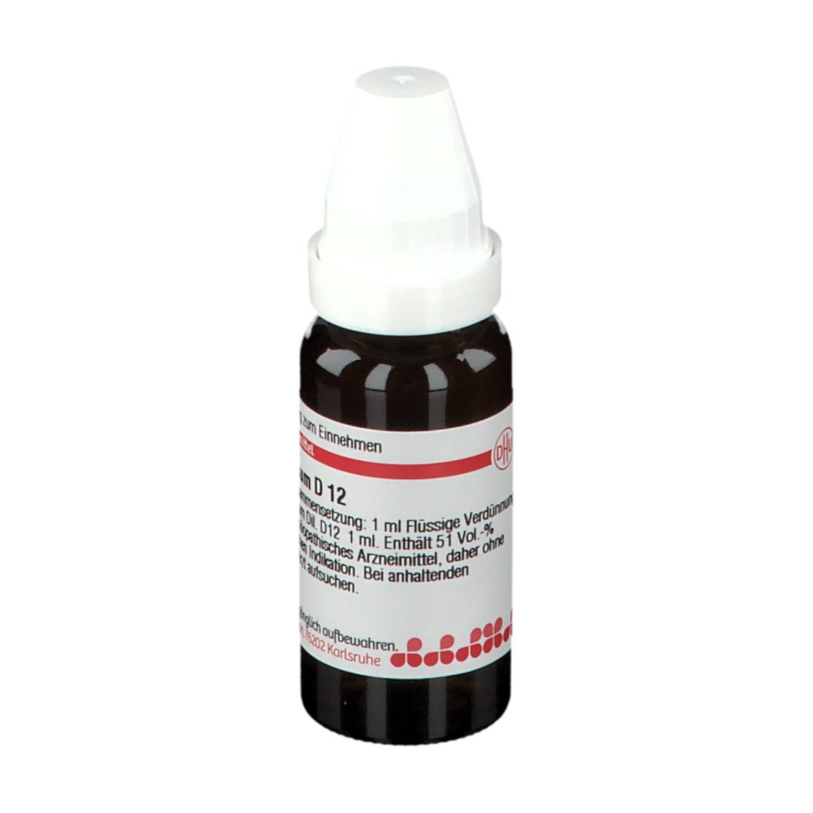 Braune Glasflasche mit weißem Verschluss. Beschriftung: Zincum valerianicum D 12. Homöopathisches Arzneimittel.