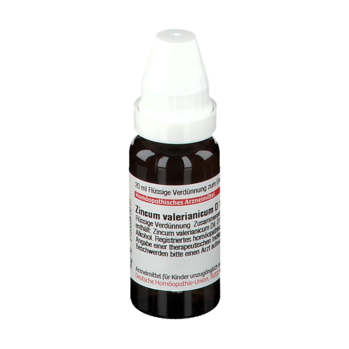 Braune Glasflasche mit weißem Verschluss. Beschriftung: Zincum valerianicum D 12. Homöopathisches Arzneimittel.