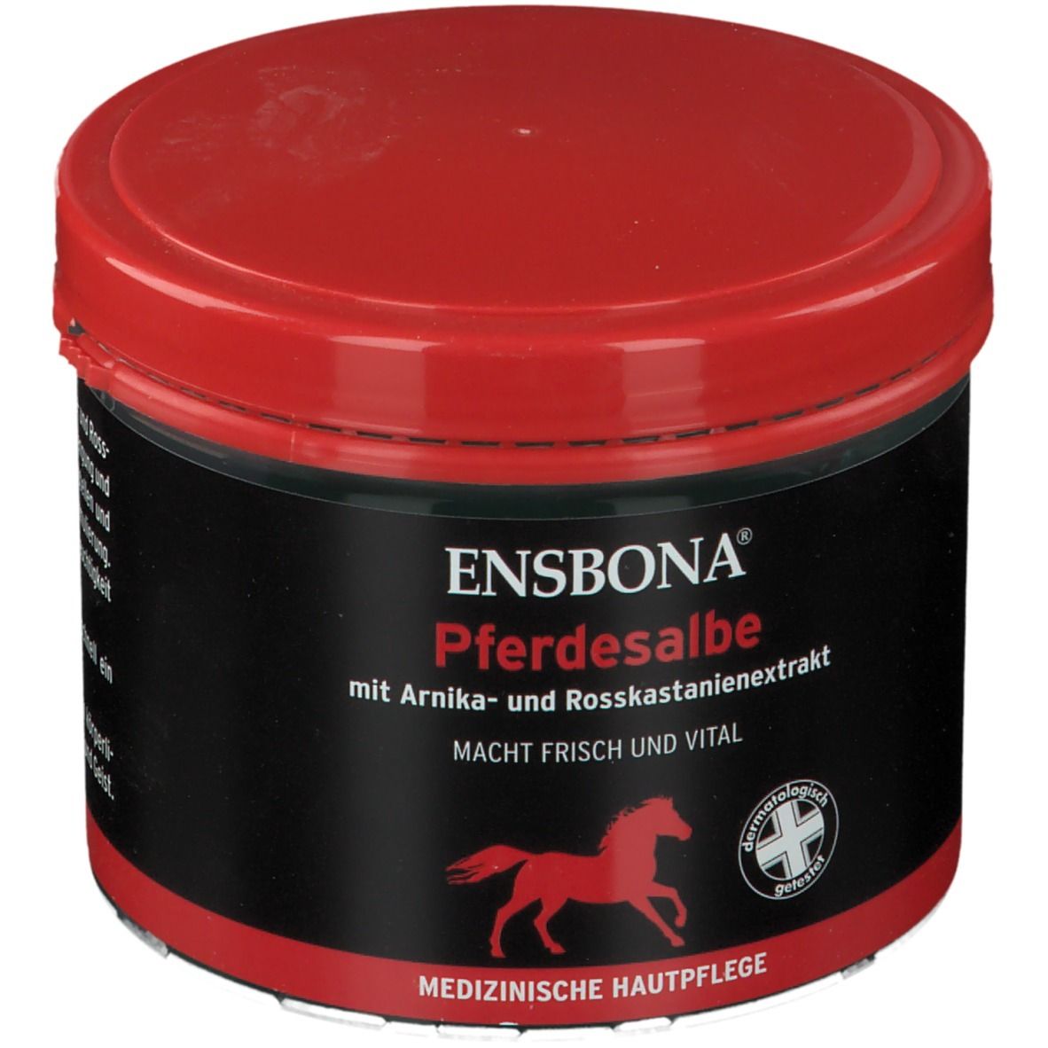 Runde Dose mit rotem Deckel und schwarzem Etikett. Aufschrift: ENSBONA Pferdesalbe, rotes Pferd, medizinische Hautpflege.
