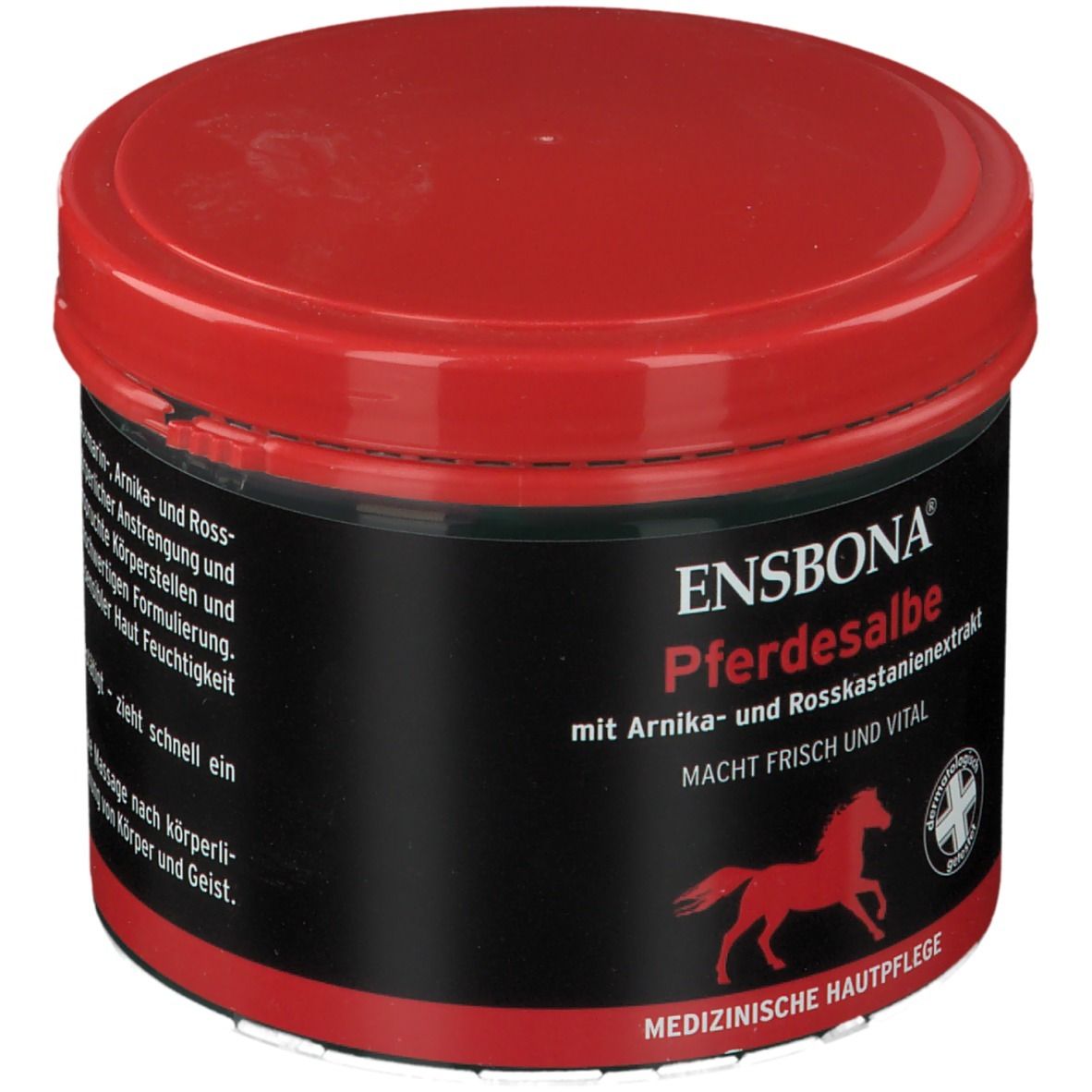 Runde Dose mit rotem Deckel und schwarzem Etikett. Aufschrift: ENSBONA Pferdesalbe, rotes Pferd, medizinische Hautpflege.