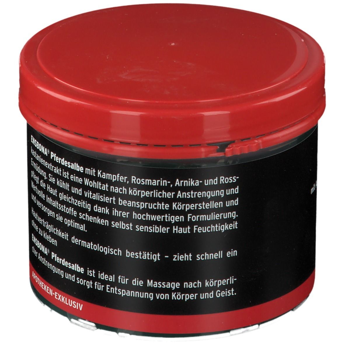 Runde Dose mit rotem Deckel und schwarzem Etikett. Aufschrift: ENSBONA Pferdesalbe, Text über die Eigenschaften und Anwendung.