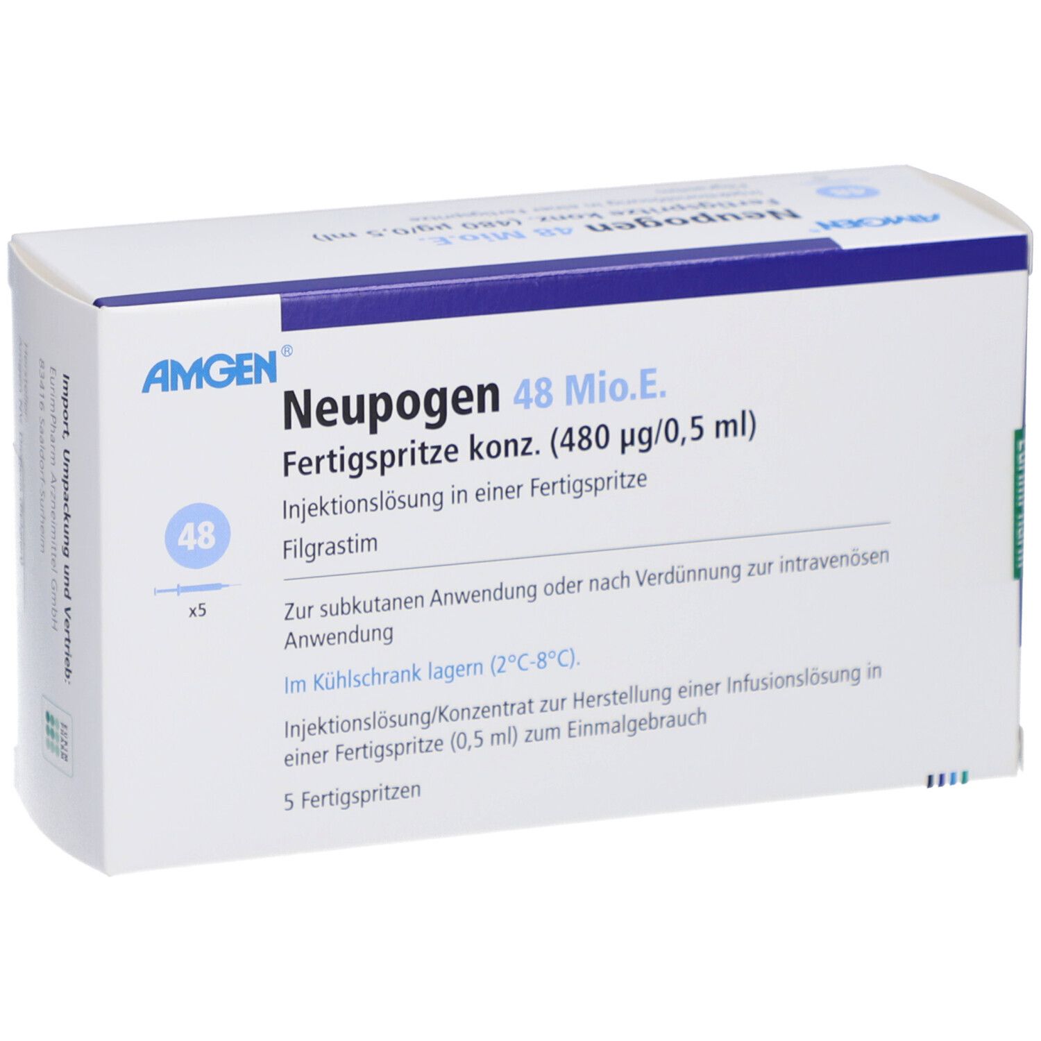 Neupogen Route NEUPOGEN 48 Mio.E. Fertigspritz.konz.480 µg/0,5 ml 5 St mit dem E ...