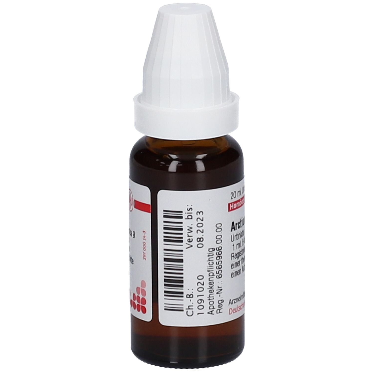 Braune Glasflasche mit weißem Deckel. Etikett mit Produktinformationen und Barcode. Verfallsdatum: 08.2023.