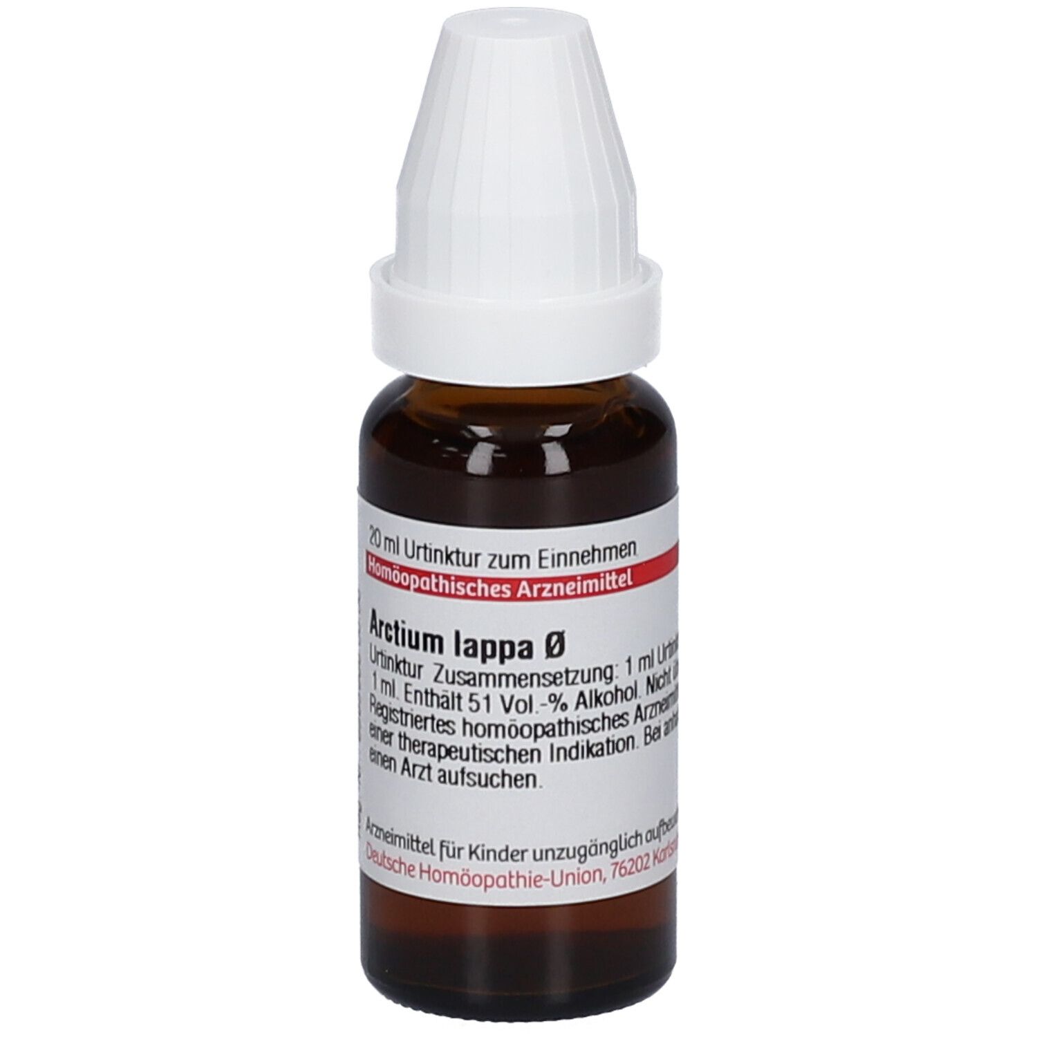 Braune Glasflasche mit weißem Deckel. Etikett mit Produktinformationen: Arctium lappa Ø, 20 ml Urtinktur.