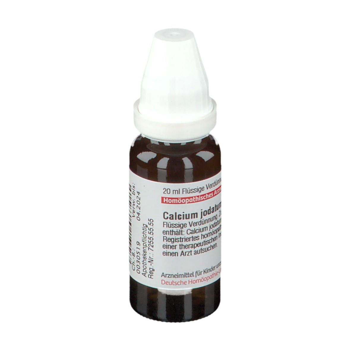 Braune Tropfflasche mit weißem Verschluss. Etikett mit roter Schrift. Produktname: Calcium Jodatum D 12. Volumen: 20 ml.