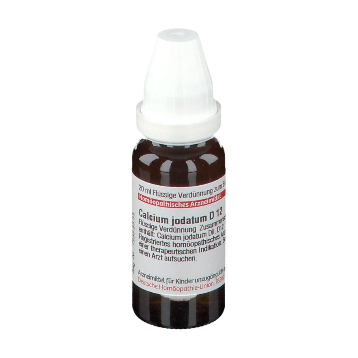 Braune Tropfflasche mit weißem Verschluss. Etikett mit roter Schrift. Produktname: Calcium Jodatum D 12. Volumen: 20 ml.