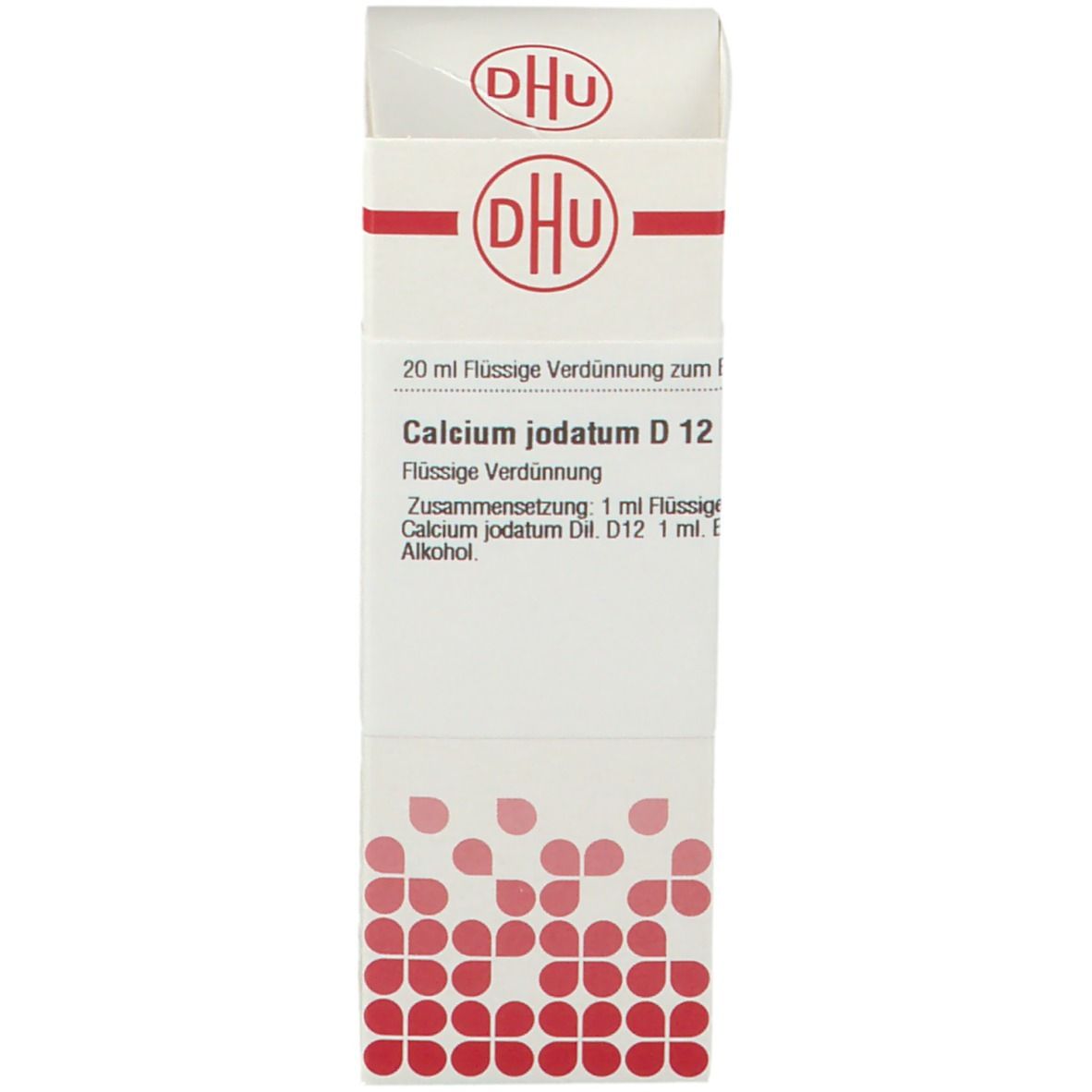 Weiße Schachtel mit DHU-Logo und Produktname: Calcium Jodatum D 12. Volumen: 20 ml. Rote und weiße Details.