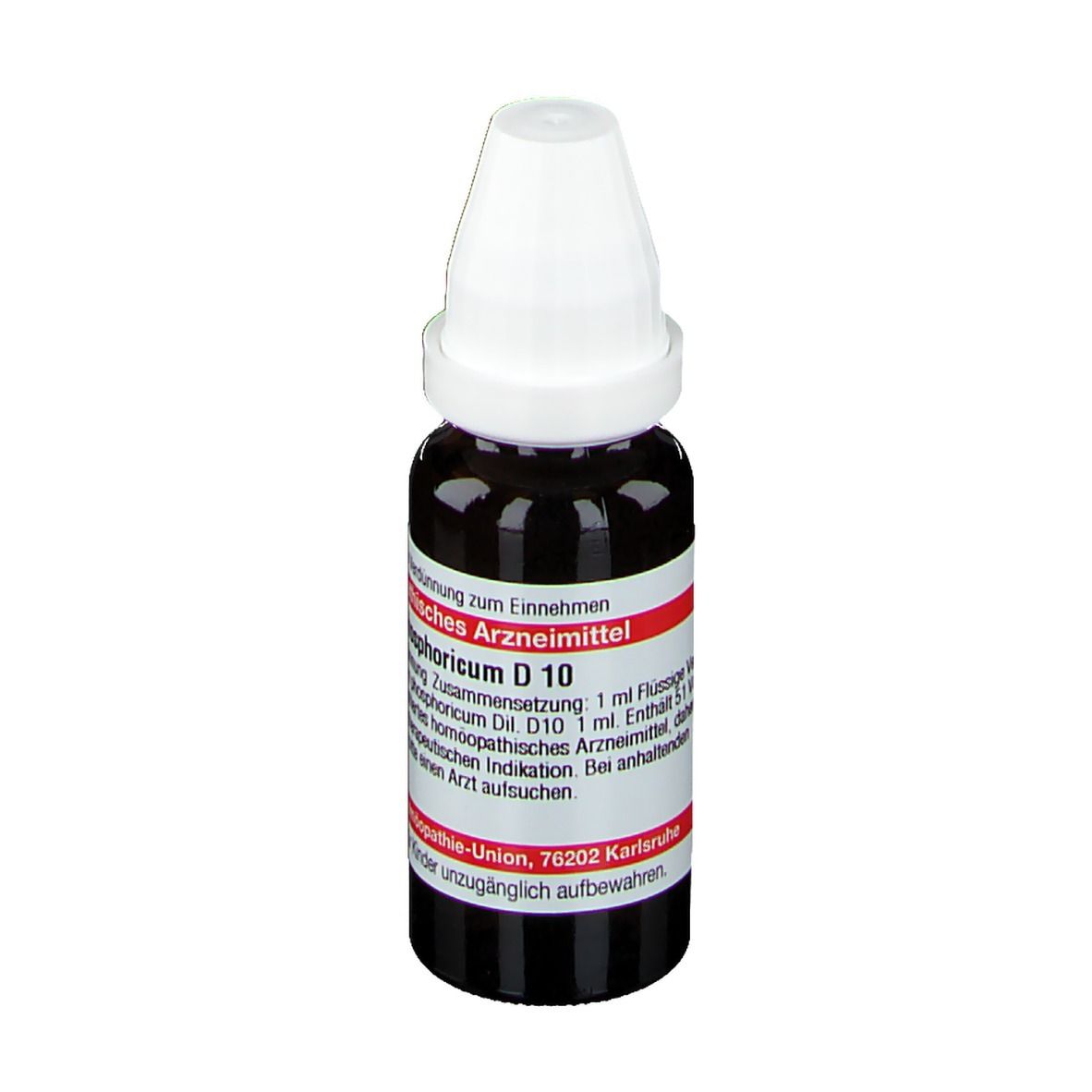 Braune Tropfflasche mit weißem Verschluss. Etikett mit Text. Homöopathisches Arzneimittel.