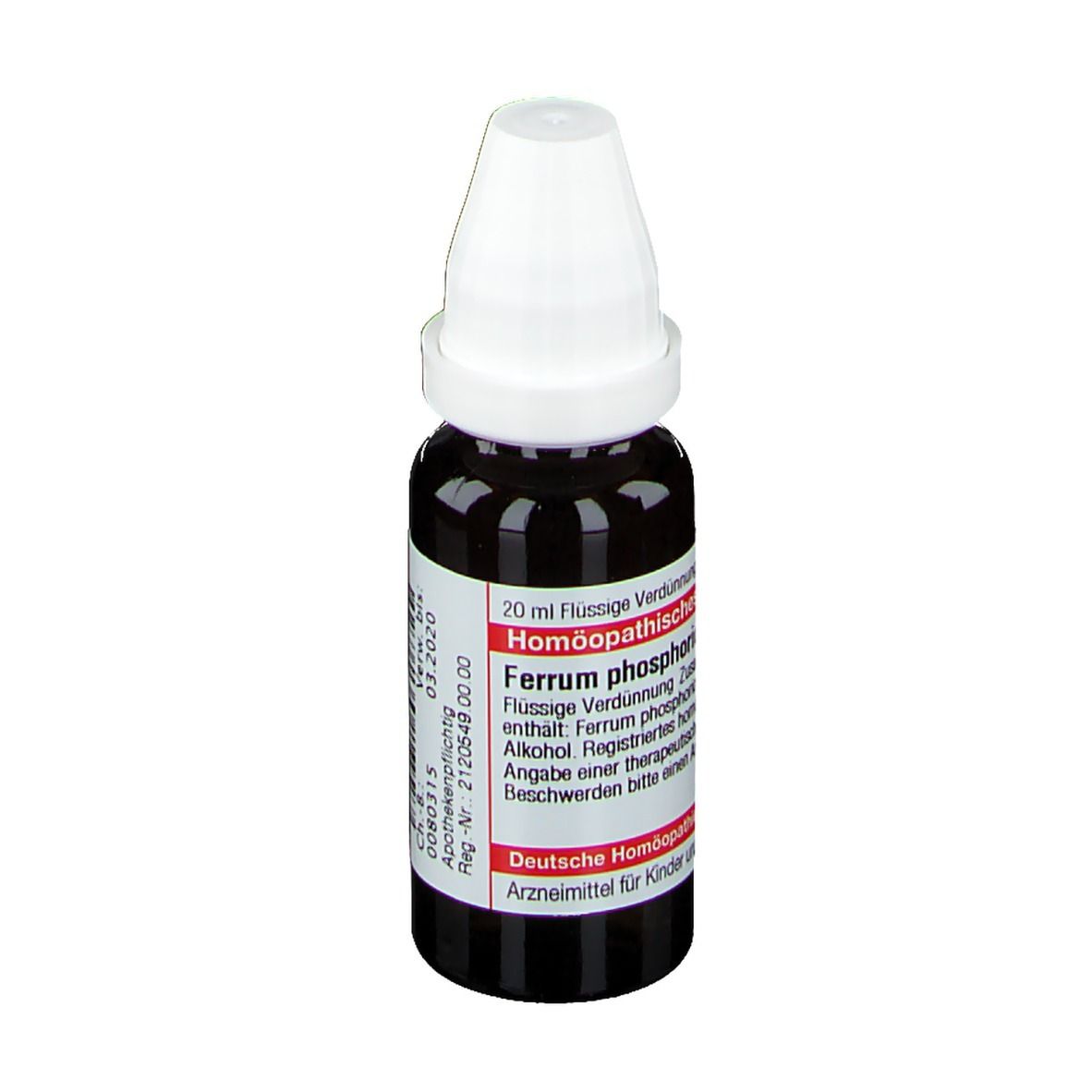 Braune Tropfflasche mit weißem Verschluss. Etikett mit Text. Homöopathisches Arzneimittel.