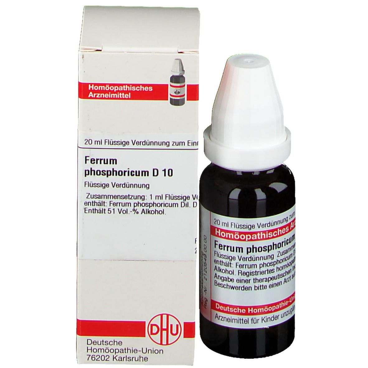 Braune Tropfflasche und Schachtel. Schachtel mit Text und Logo DHU. Homöopathisches Arzneimittel.