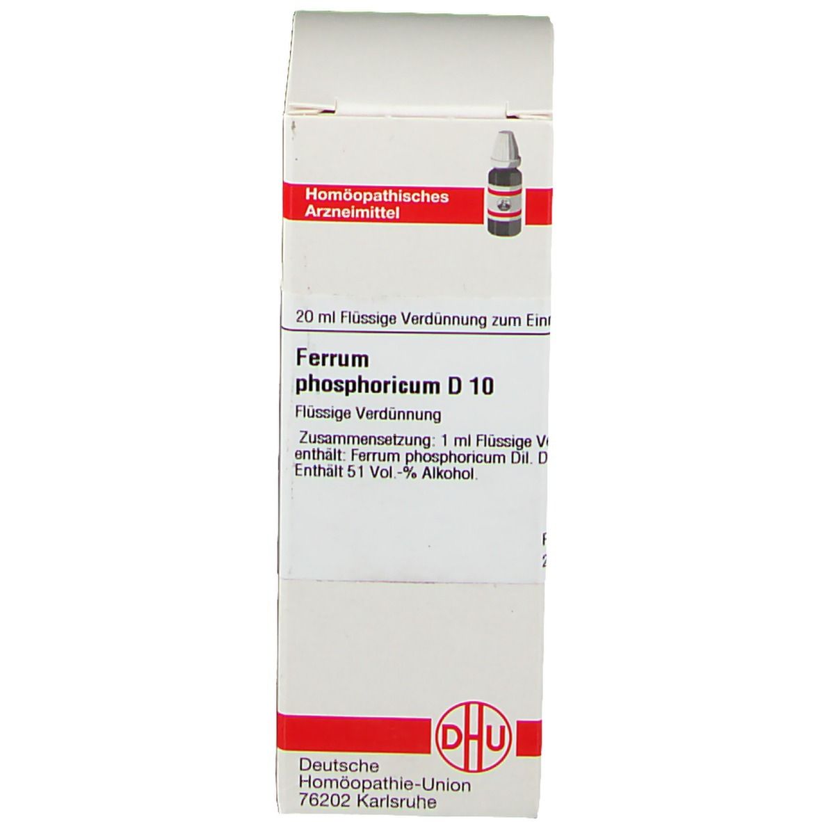 Schachtel mit Text und Logo DHU. Homöopathisches Arzneimittel. Kleines Bild der Flasche.