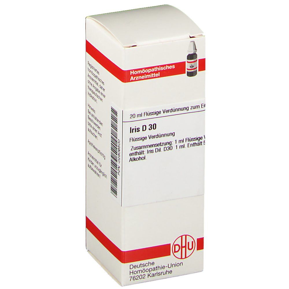 Weiße Faltschachtel mit roter Umrandung. Aufschrift: Iris D 30, Homöopathisches Arzneimittel. Logo: DHU. Flasche mit Tropfer sichtbar.