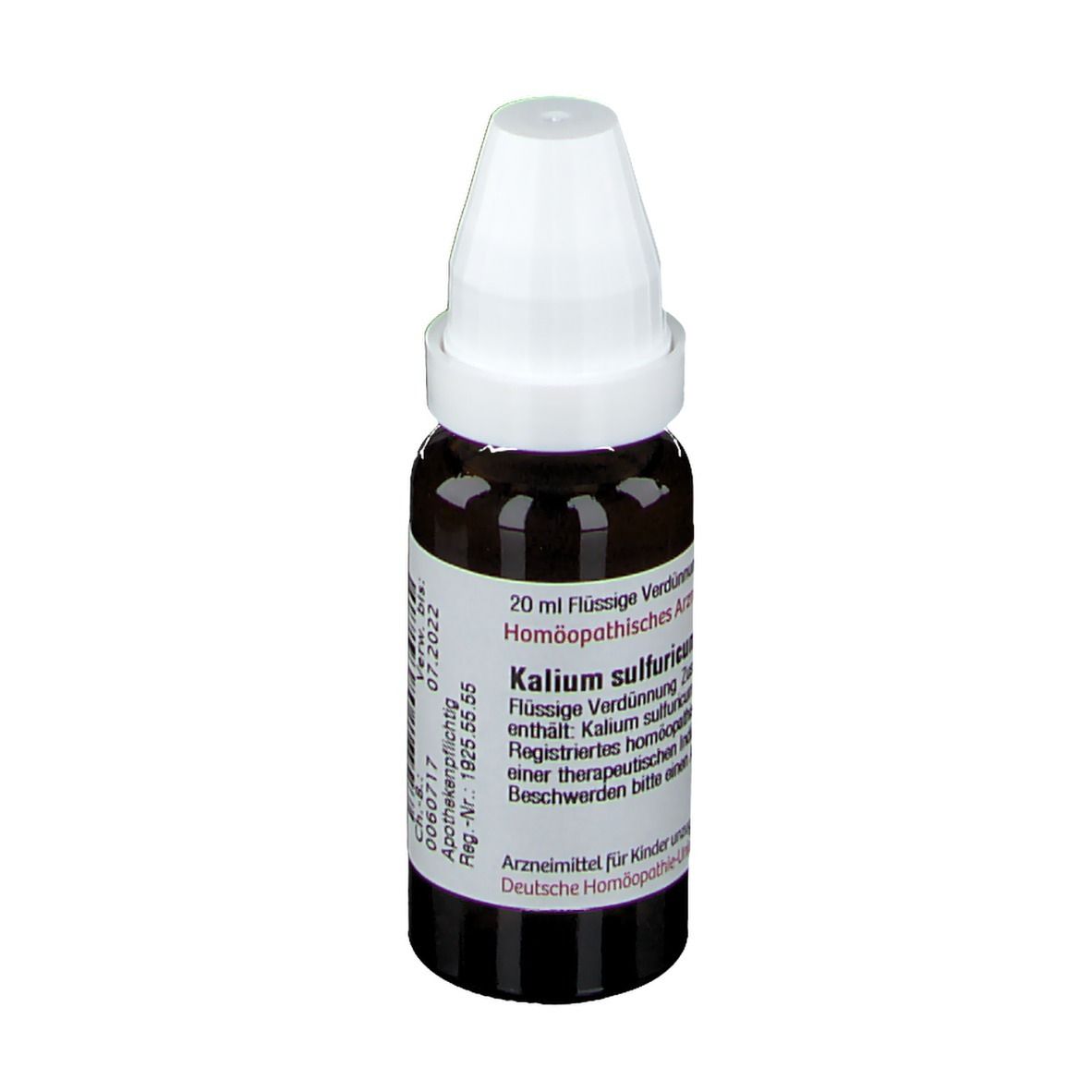 Braune Glasflasche mit weißem Verschluss. Beschriftung: Kalium sulfuricum, 20 ml Flüssige Verdünnung. Deutsche Homöopathie-Union.