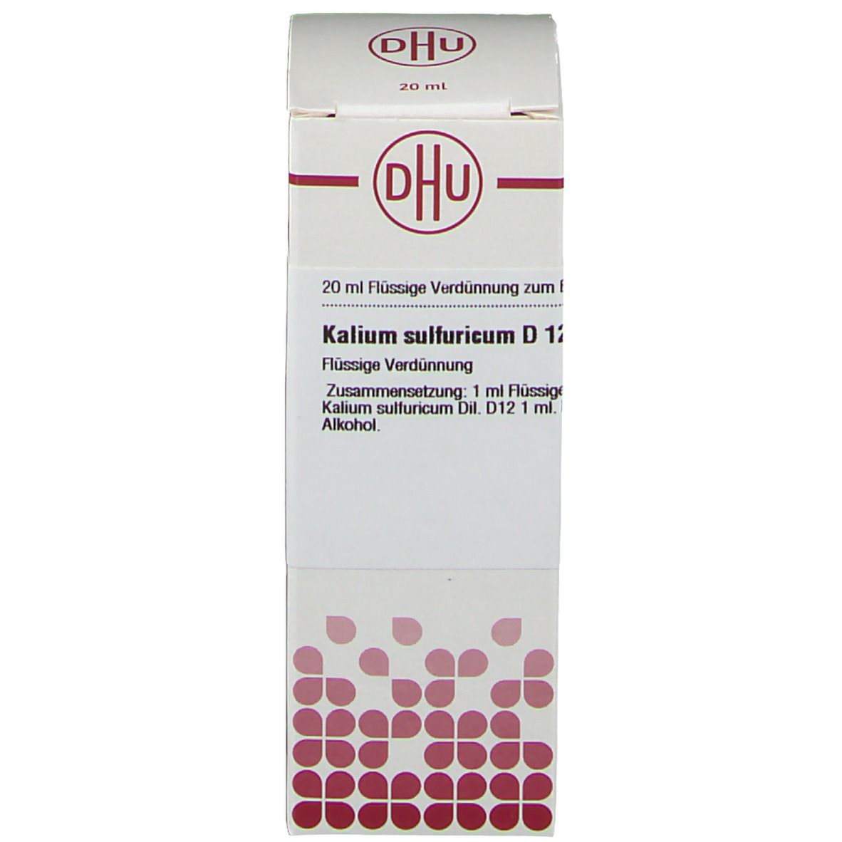 Produktverpackung. Beschriftung: DHU, Kalium sulfuricum D 12, 20 ml Flüssige Verdünnung. Deutsche Homöopathie-Union.