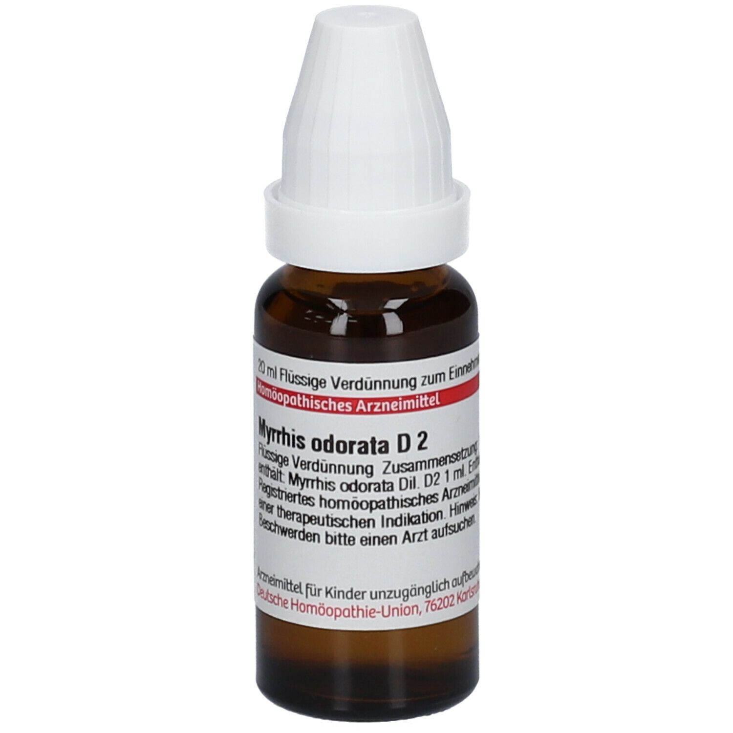 Braune Glasflasche mit weißem Deckel. Beschriftung: Myrrhis odorata D2, flüssige Verdünnung.