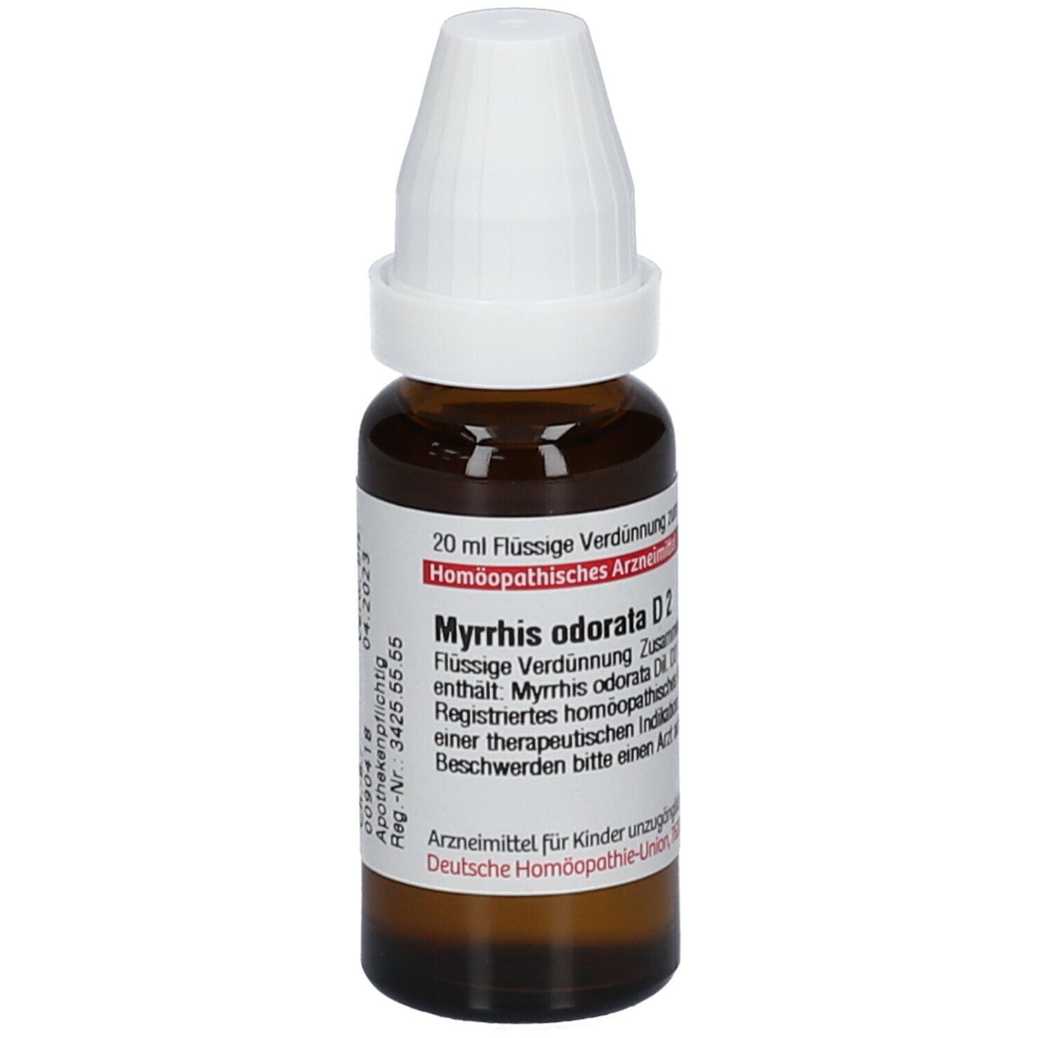 Braune Glasflasche mit weißem Deckel. Beschriftung: Myrrhis odorata D2, 20 ml flüssige Verdünnung.