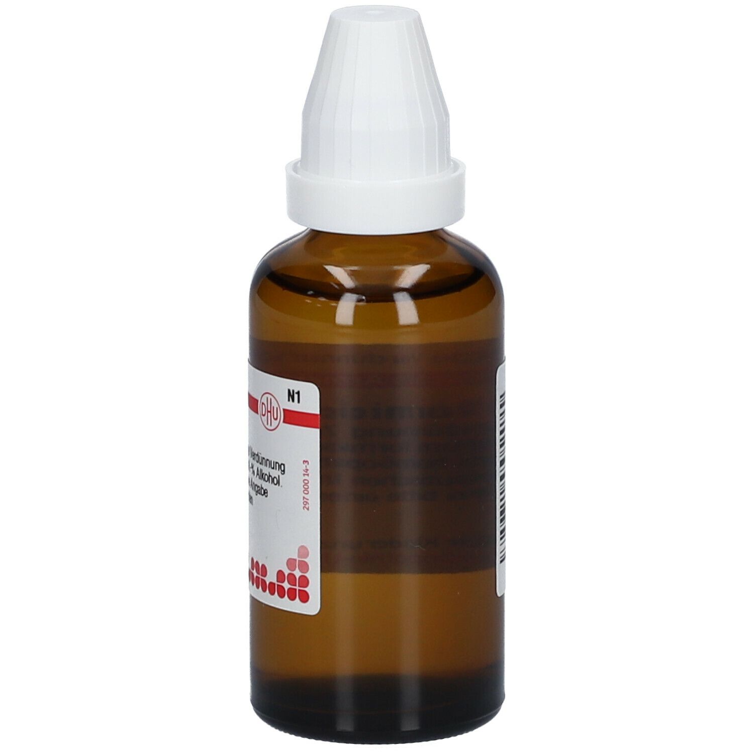 Braune Glasflasche mit weißem Verschluss. Beschriftung: Acidum formicicum D3. Aufkleber mit rotem DHU-Logo und N1.
