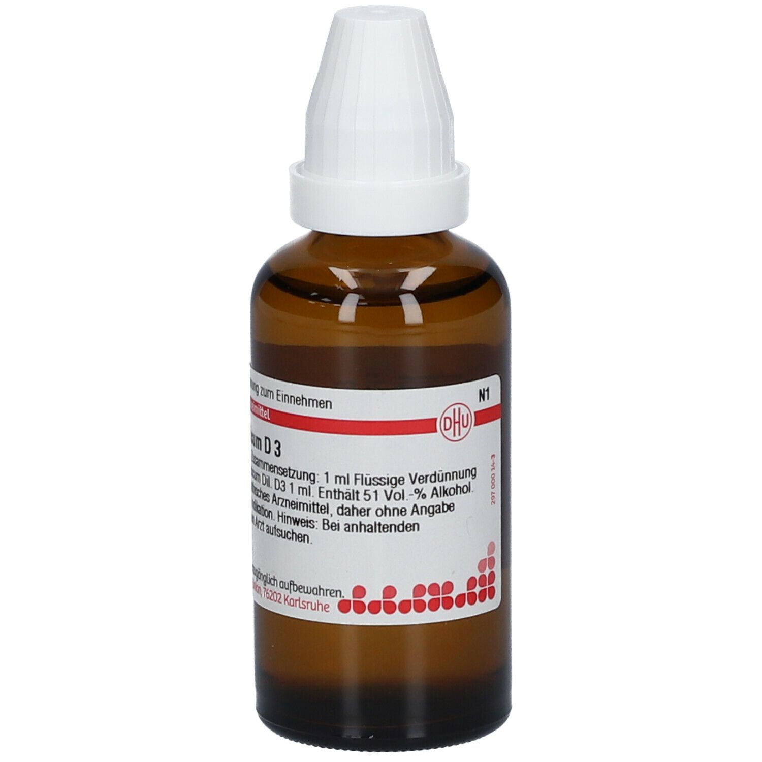 Braune Glasflasche mit weißem Verschluss. Beschriftung: Acidum formicicum D3. Aufkleber mit rotem DHU-Logo und N1.
