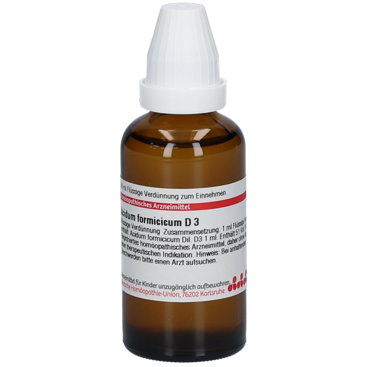 Braune Glasflasche mit weißem Verschluss. Beschriftung: Acidum formicicum D3. Homöopathisches Arzneimittel.