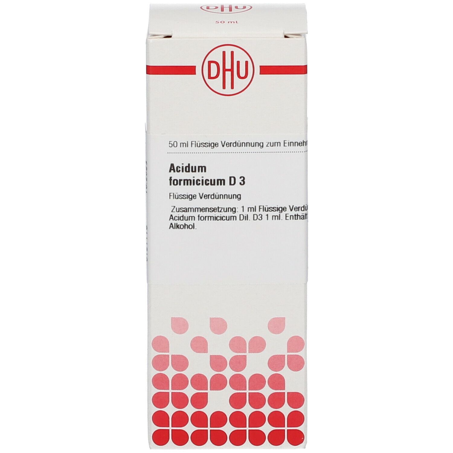 Weiße Schachtel mit rotem DHU-Logo. Beschriftung: Acidum formicicum D3, 50 ml. Homöopathisches Arzneimittel.