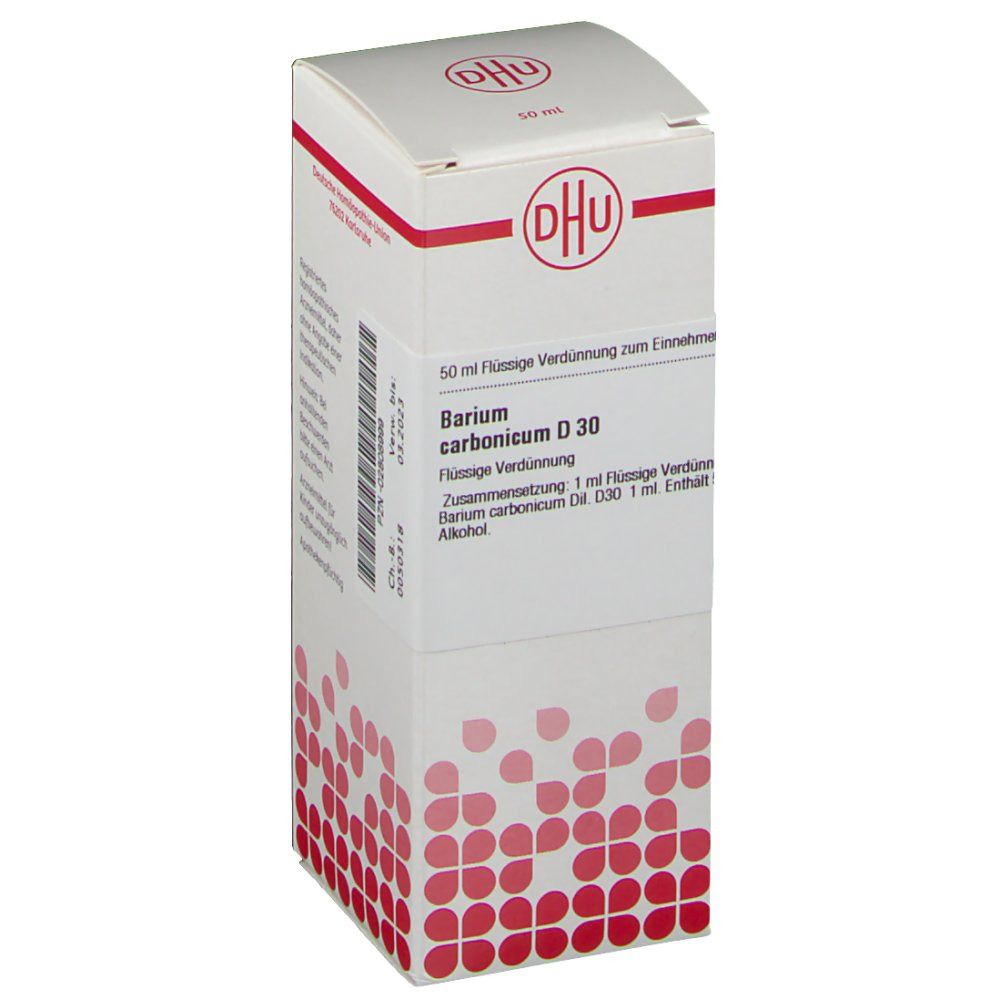 Weiße Faltschachtel mit rotem DHU-Logo und Aufschrift Barium carbonicum D 30. Text in deutscher Sprache. 50 ml Flüssige Verdünnung.