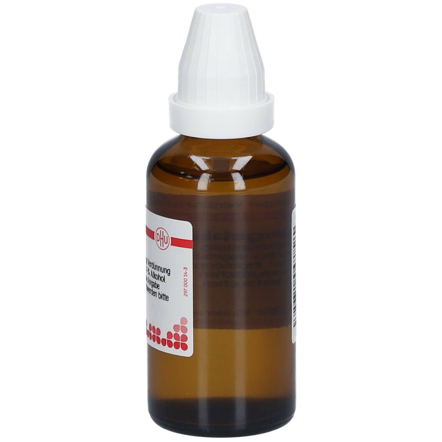 Braune Glasflasche mit weißem Verschluss. Etikett mit Produktinformationen und DHU-Logo.