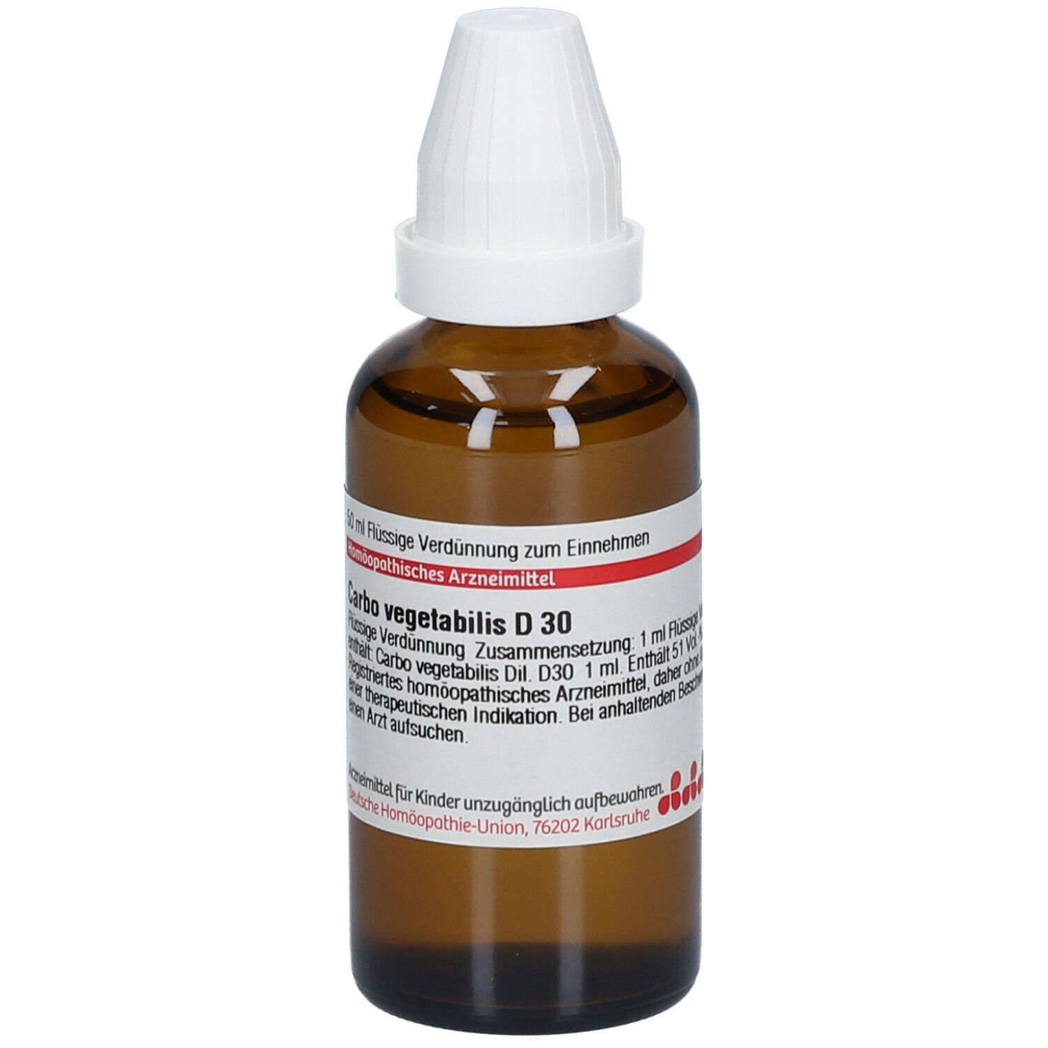 Braune Glasflasche mit weißem Verschluss. Etikett mit Produktinformationen: Carbo vegetabilis D30.