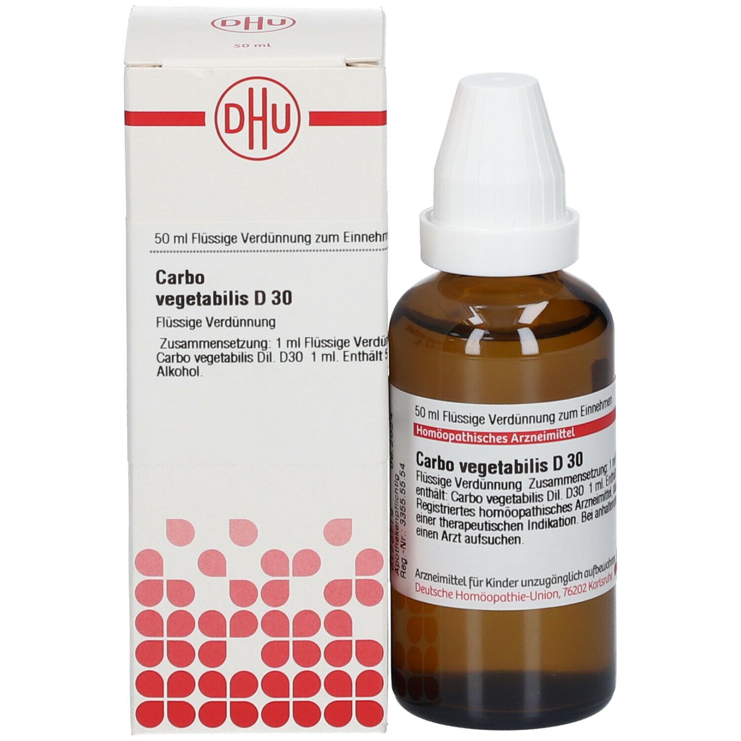 Braune Glasflasche mit weißem Verschluss und Karton. Aufschrift: DHU Carbo vegetabilis D30.