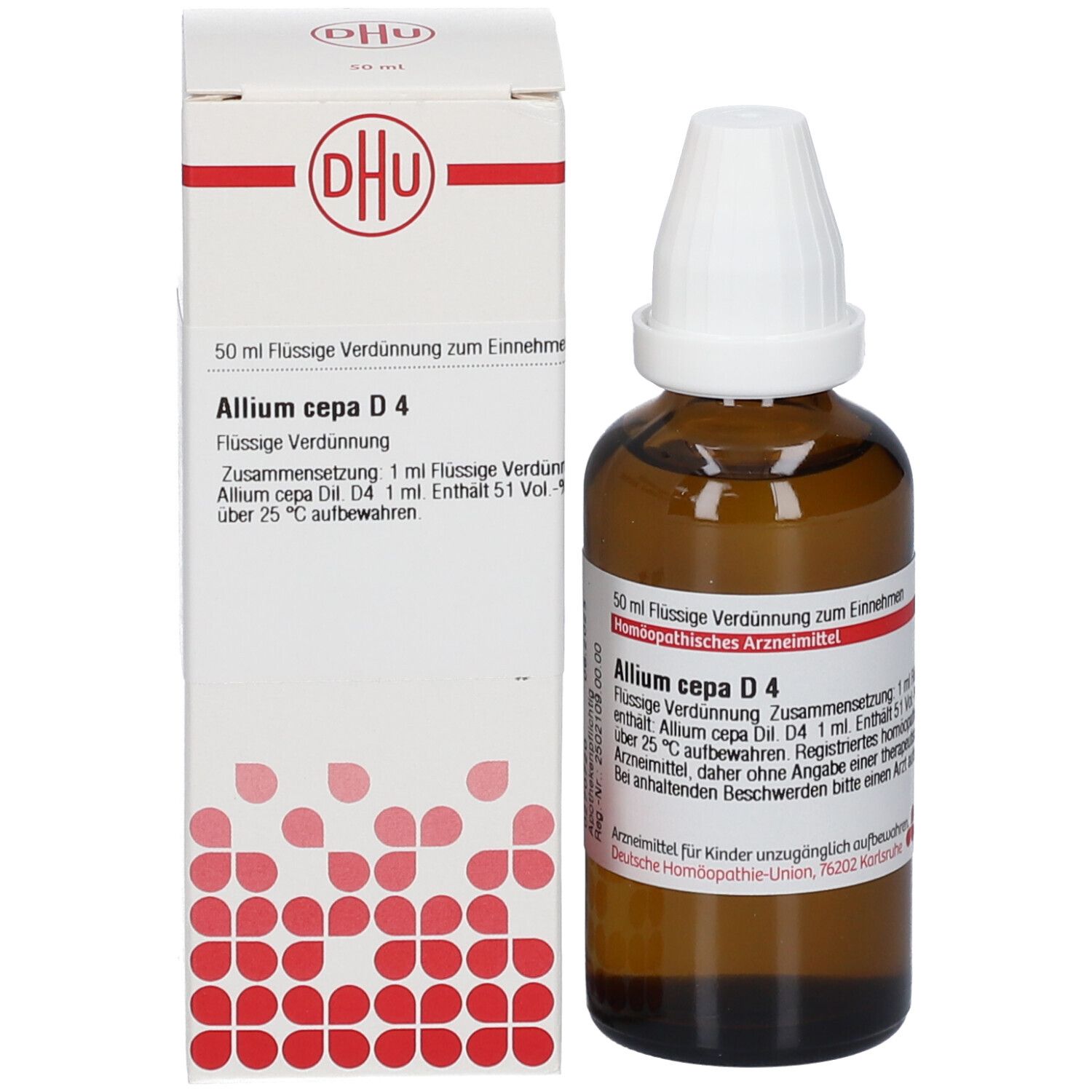 Produktflasche neben weißer Verpackung. Auf der Verpackung: DHU, Allium cepa D4, 50 ml flüssige Verdünnung.