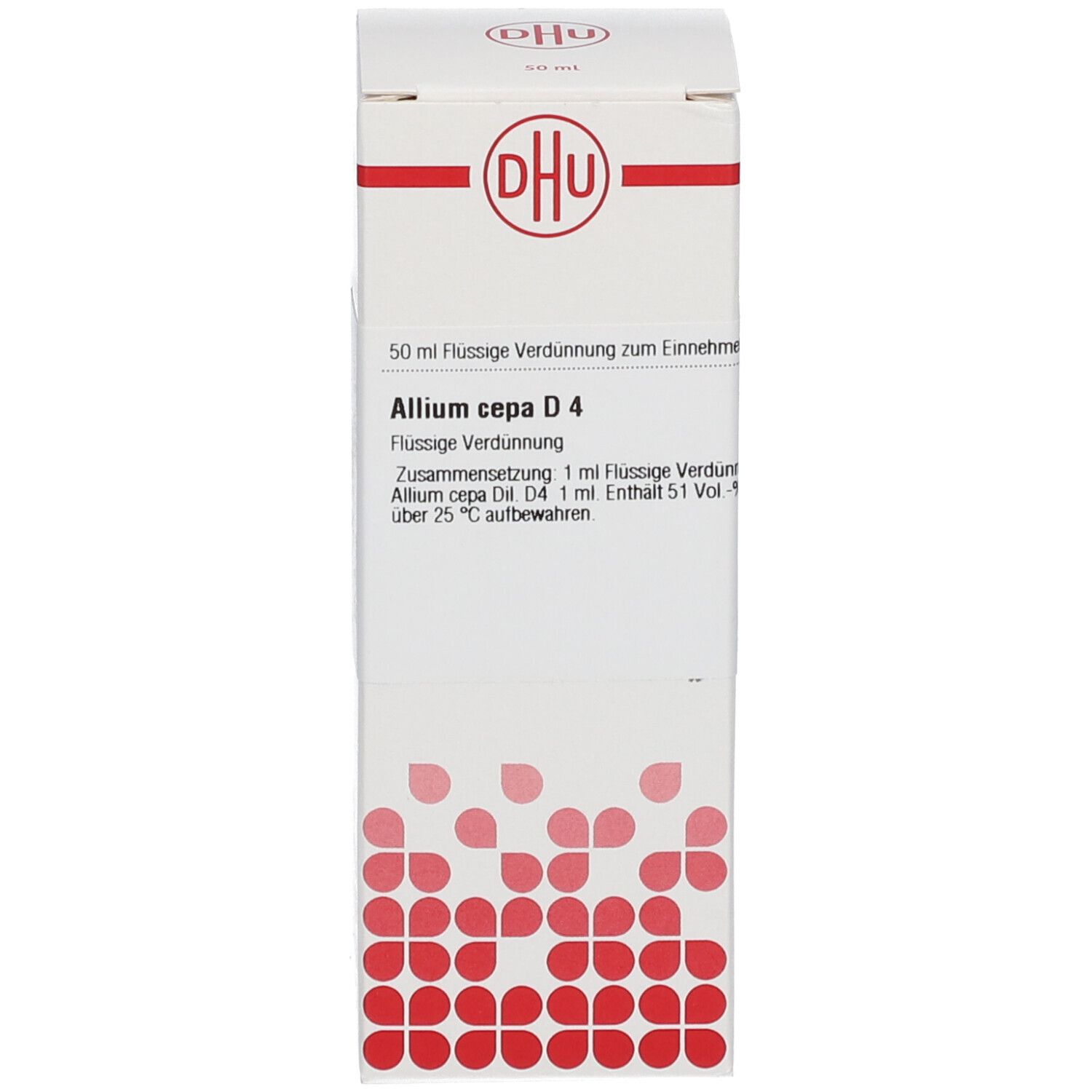 Weiße Produktverpackung. Aufschrift: DHU, Allium cepa D4, 50 ml flüssige Verdünnung.