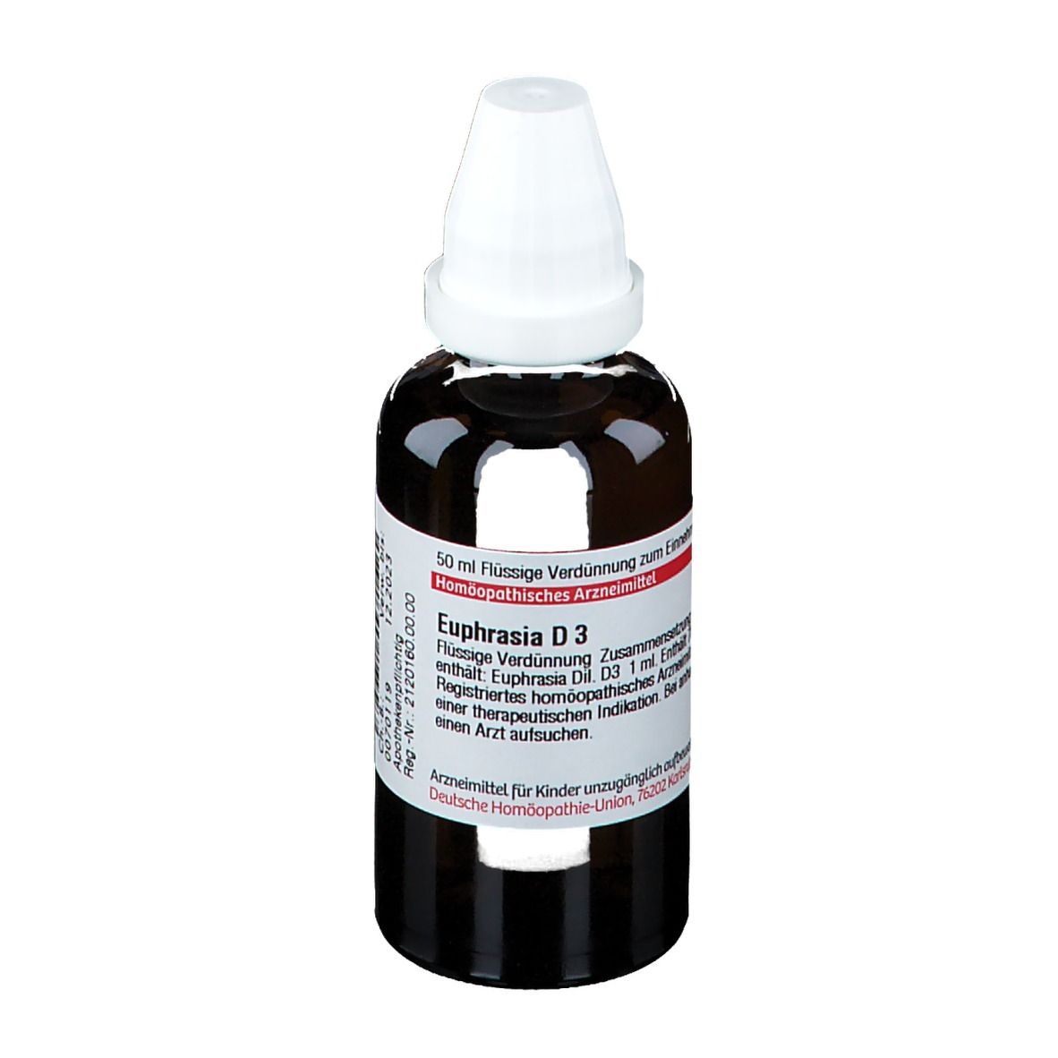 Braune Glasflasche mit weißem Verschluss. Etikett mit Produktinformationen. DHU Euphrasia D3.