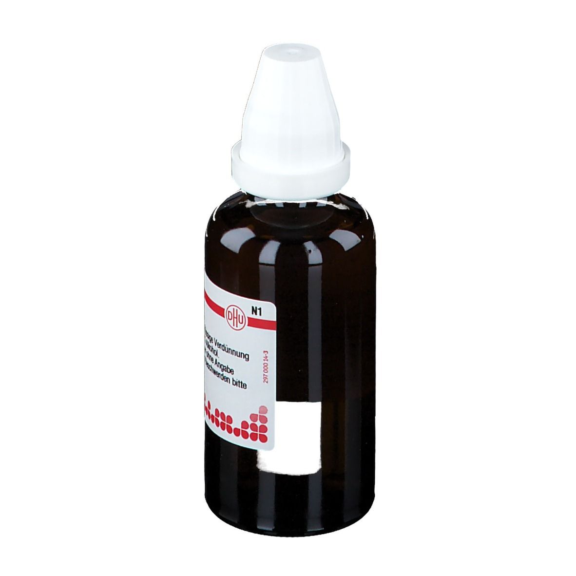 Braune Glasflasche mit weißem Verschluss. Etikett mit Produktinformationen. DHU-Logo.
