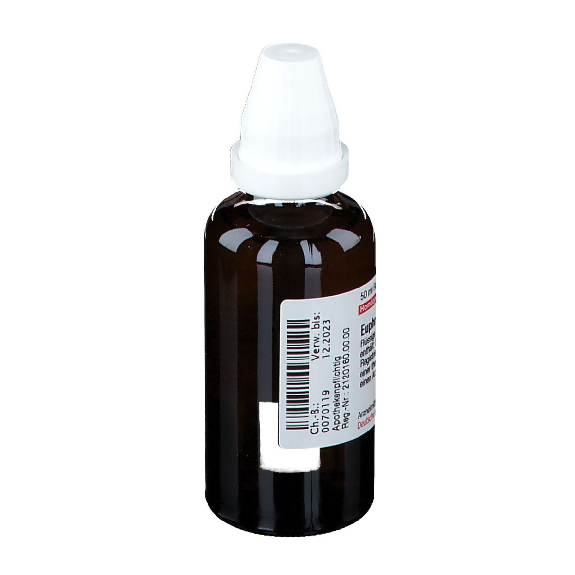 Braune Glasflasche mit weißem Verschluss. Etikett mit Produktinformationen und Verfallsdatum.