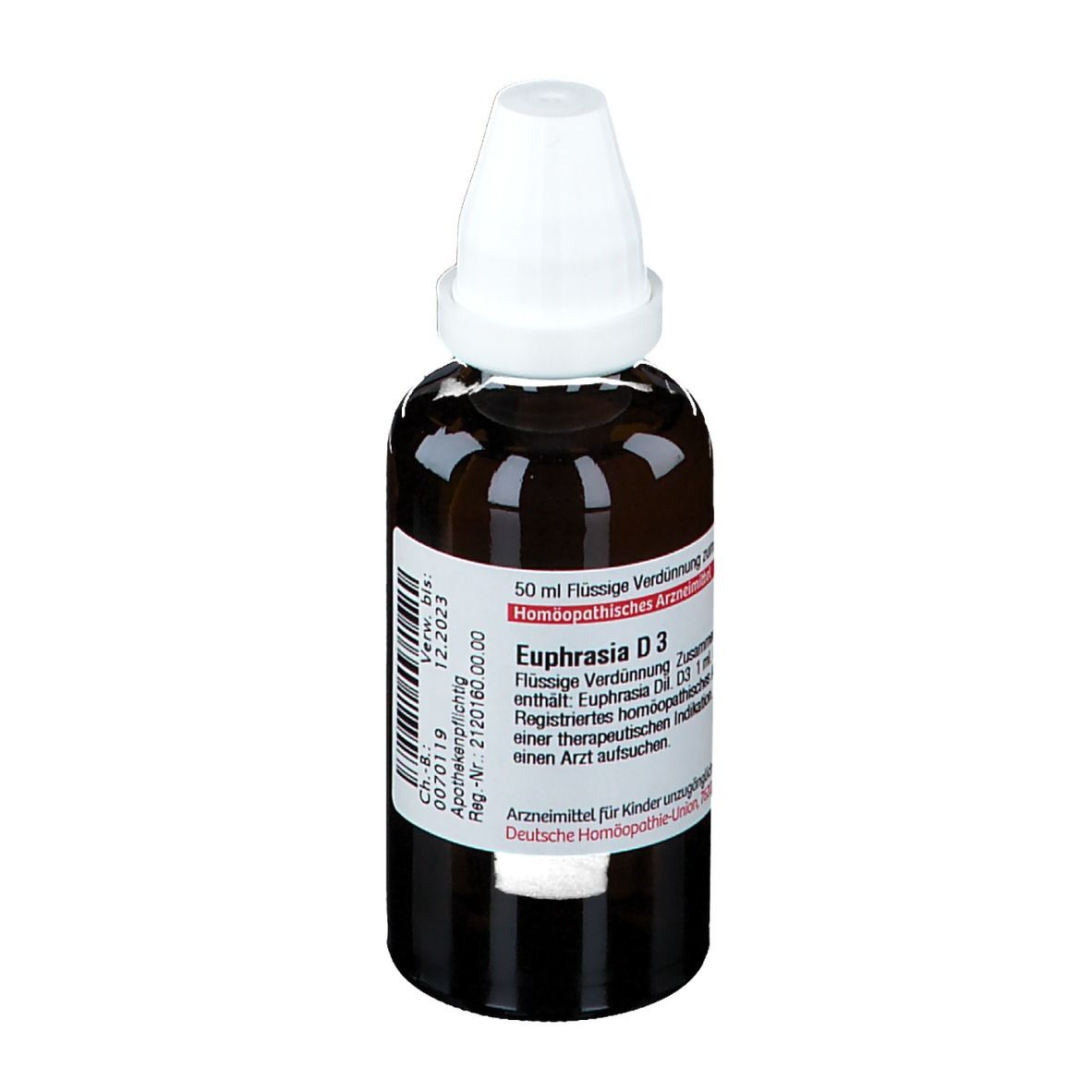 Braune Glasflasche mit weißem Verschluss. Etikett mit Produktinformationen. DHU Euphrasia D3.