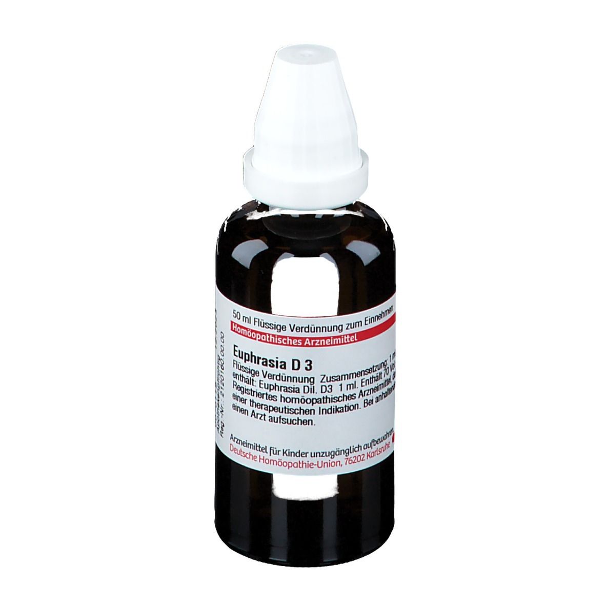 Braune Glasflasche mit weißem Verschluss. Etikett mit Produktinformationen. DHU Euphrasia D3.