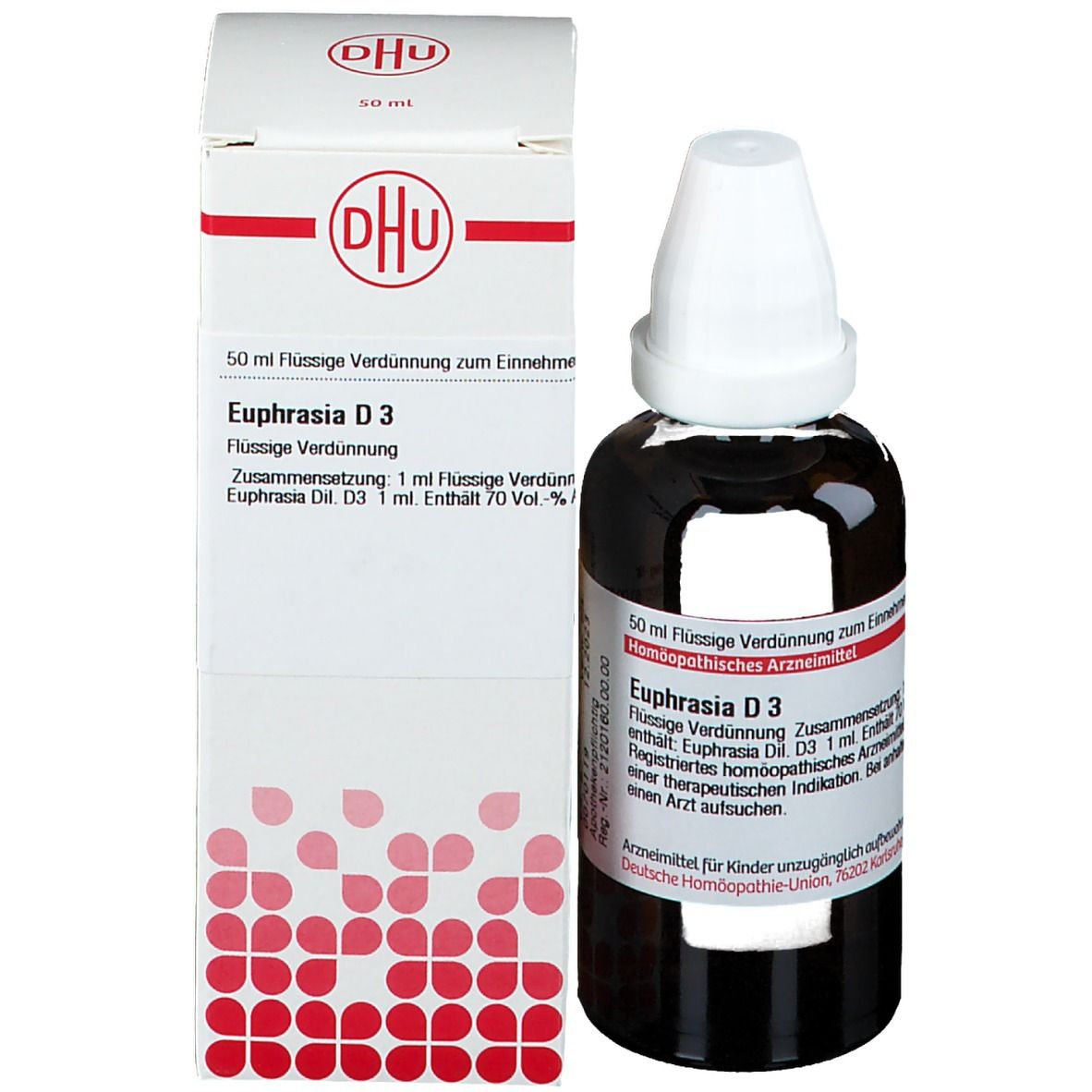 Braune Flasche und Schachtel. Schachtel mit DHU-Logo und Produktinformationen. DHU Euphrasia D3.