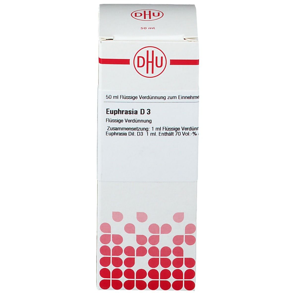 Weiße Schachtel mit DHU-Logo und Produktinformationen. DHU Euphrasia D3. Flasche nicht sichtbar.