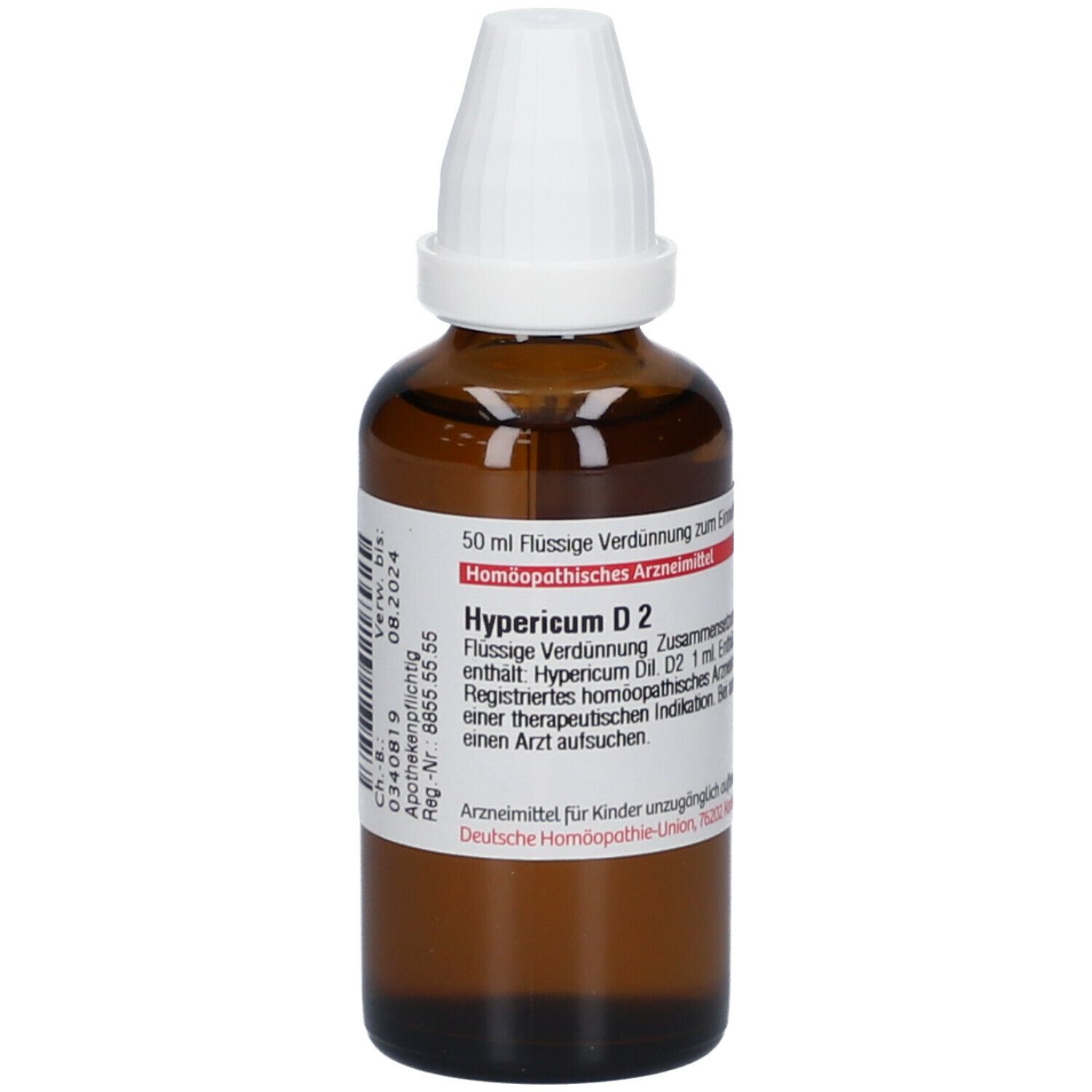 Braune Glasflasche mit weißem Verschluss. Etikett mit Produktnamen Hypericum D2 und weiteren Informationen. Apothekenpflichtig.