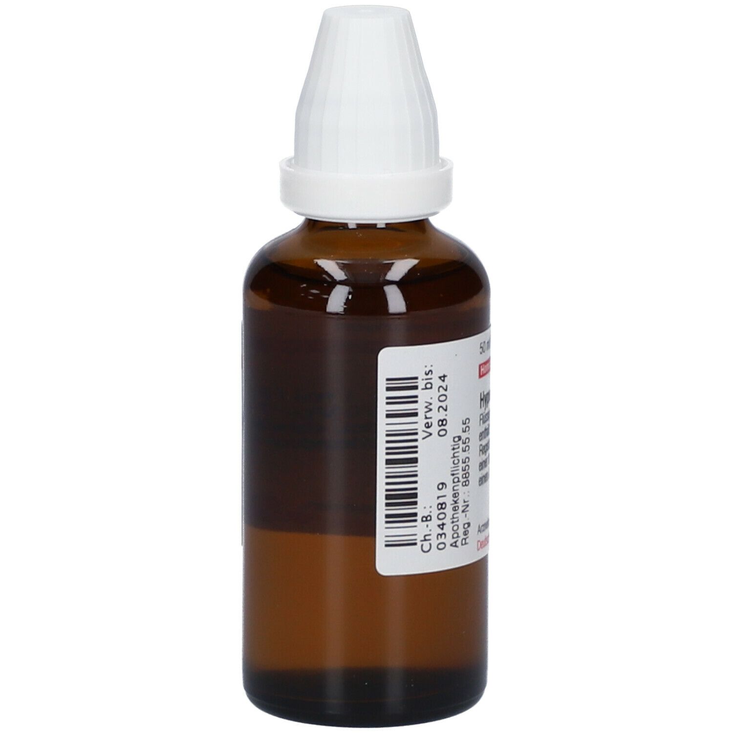 Braune Glasflasche mit weißem Verschluss. Etikett mit Barcode und Verfallsdatum. Apothekenpflichtiges Arzneimittel.