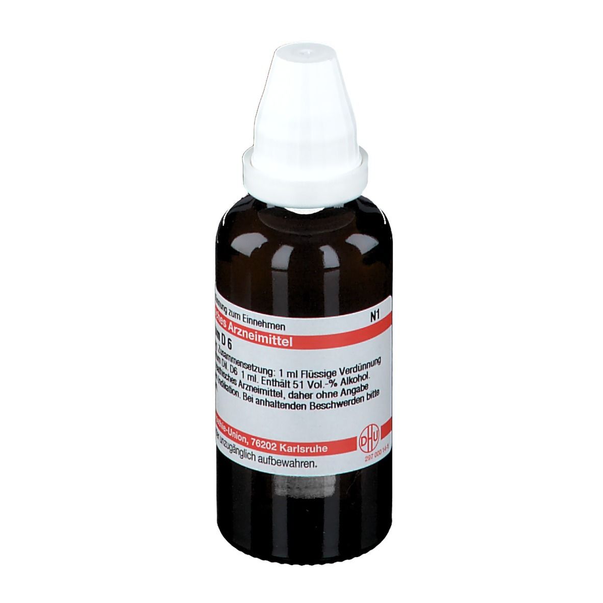 Braune Glasflasche mit weißem Verschluss. Etikett mit Text. Arzneimittel.