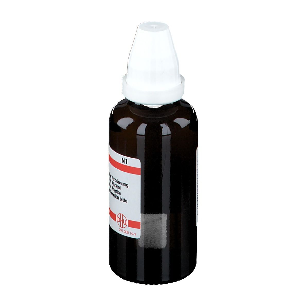 Braune Glasflasche mit weißem Verschluss. Etikett mit Text. Arzneimittel.