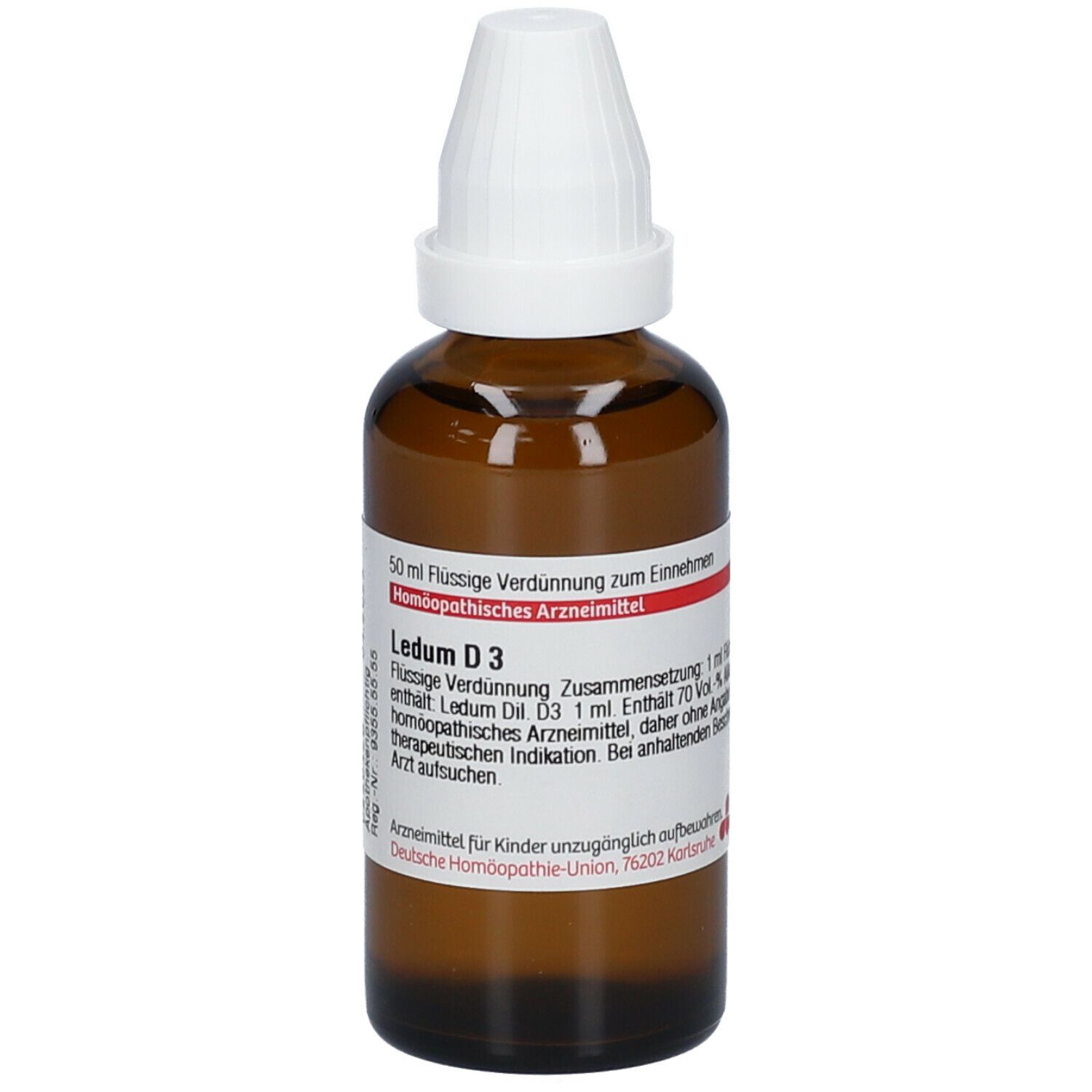 Braune Glasflasche mit weißem Verschluss. Aufkleber mit Produktinformationen: Ledum D3, 50 ml Flüssige Verdünnung.