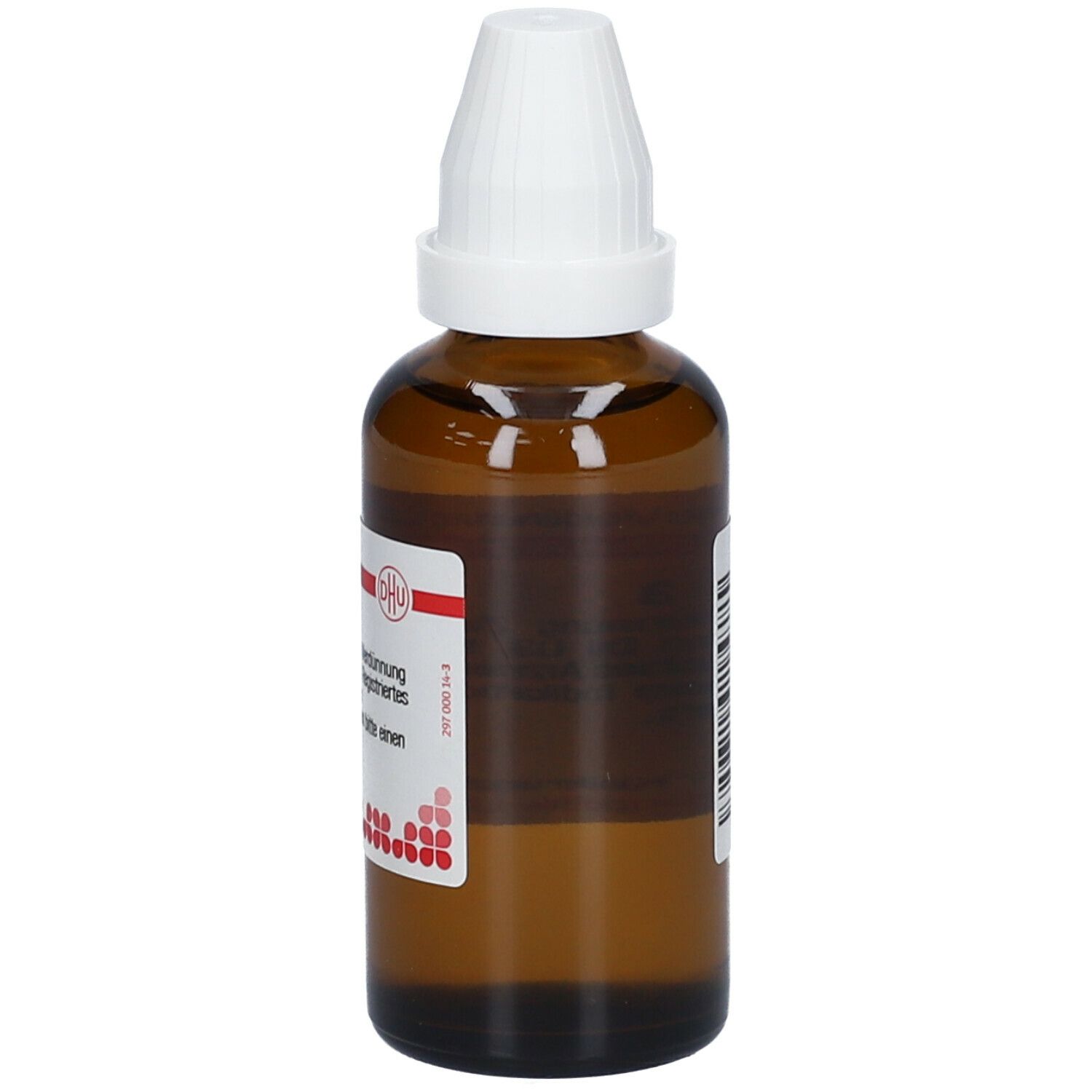 Braune Glasflasche mit weißem Verschluss. Etikett mit Produktinformationen und rotem Streifen.