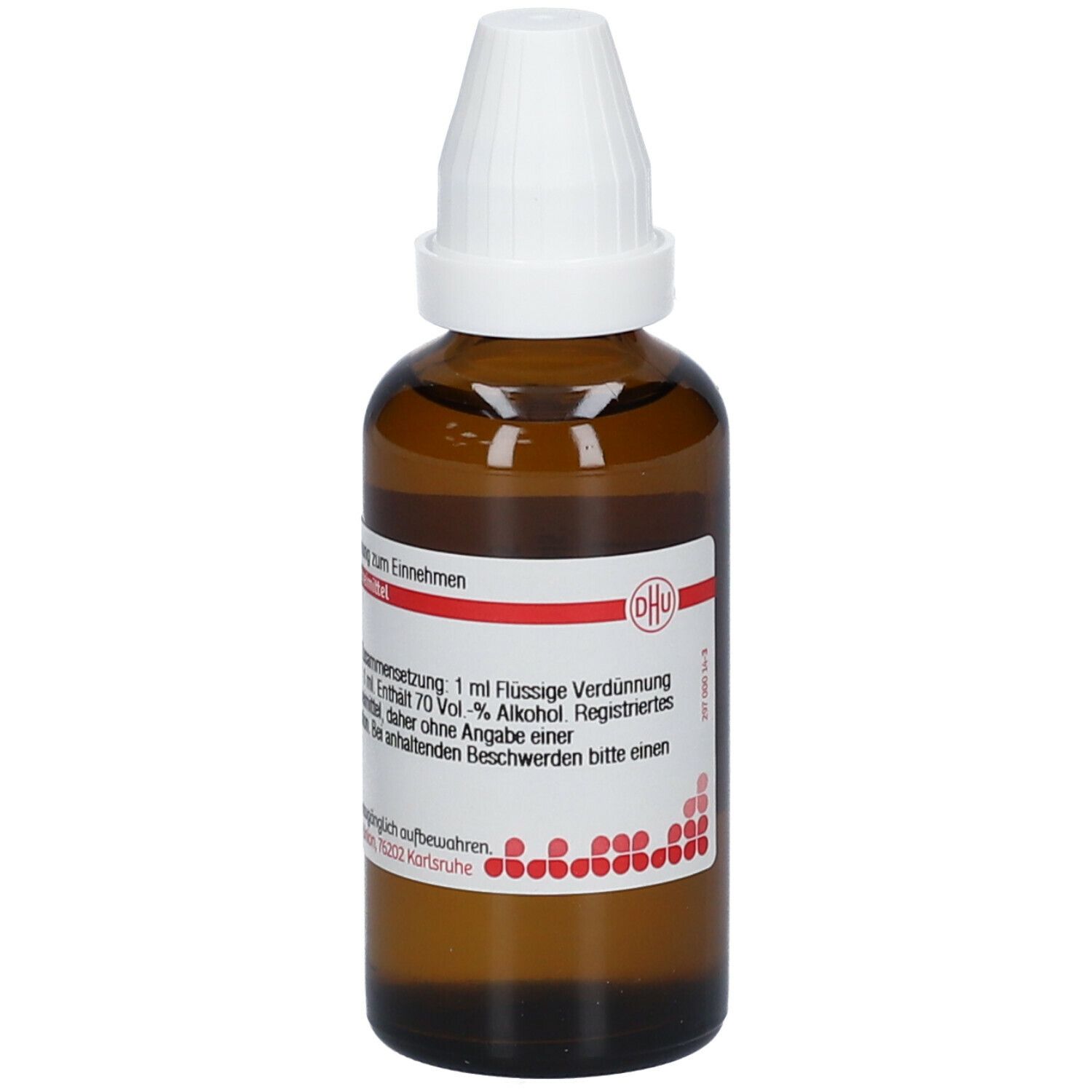 Braune Glasflasche mit weißem Verschluss. Etikett mit Produktinformationen und rotem Streifen.