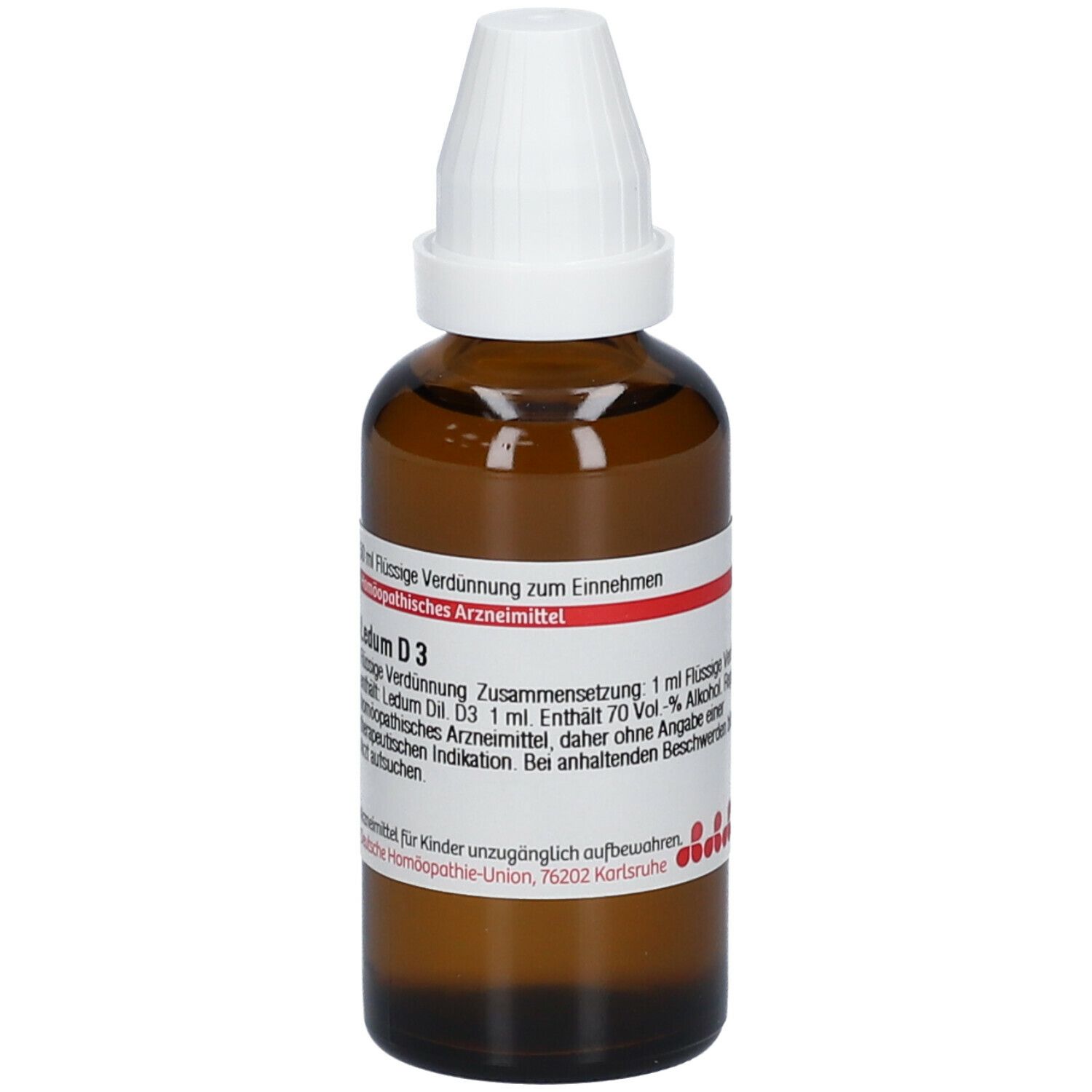 Braune Glasflasche mit weißem Verschluss. Etikett mit Produktinformationen und rotem Streifen.