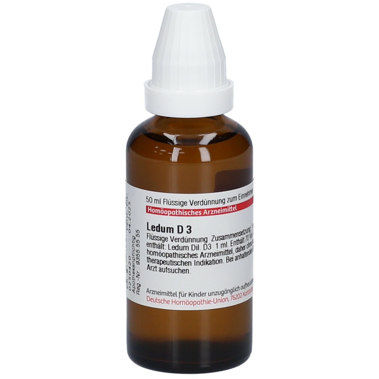 Braune Glasflasche mit weißem Verschluss. Etikett mit Produktinformationen: Ledum D3, 50 ml Flüssige Verdünnung.