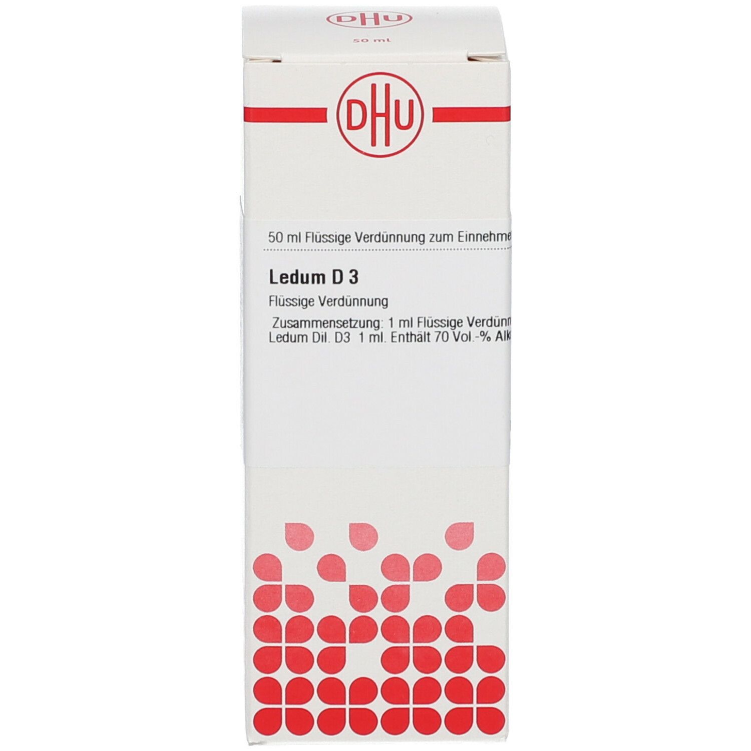 Weiße Schachtel mit Aufdruck: DHU, Ledum D3, 50 ml Flüssige Verdünnung. Roter Streifen und Logo.