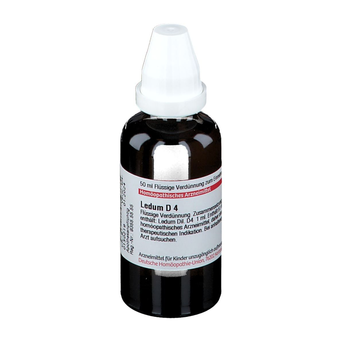 Braune Glasflasche mit weißem Verschluss. Etikett mit Text: Ledum D4, homöopathisches Arzneimittel. Deutsche Homöopathie-Union.