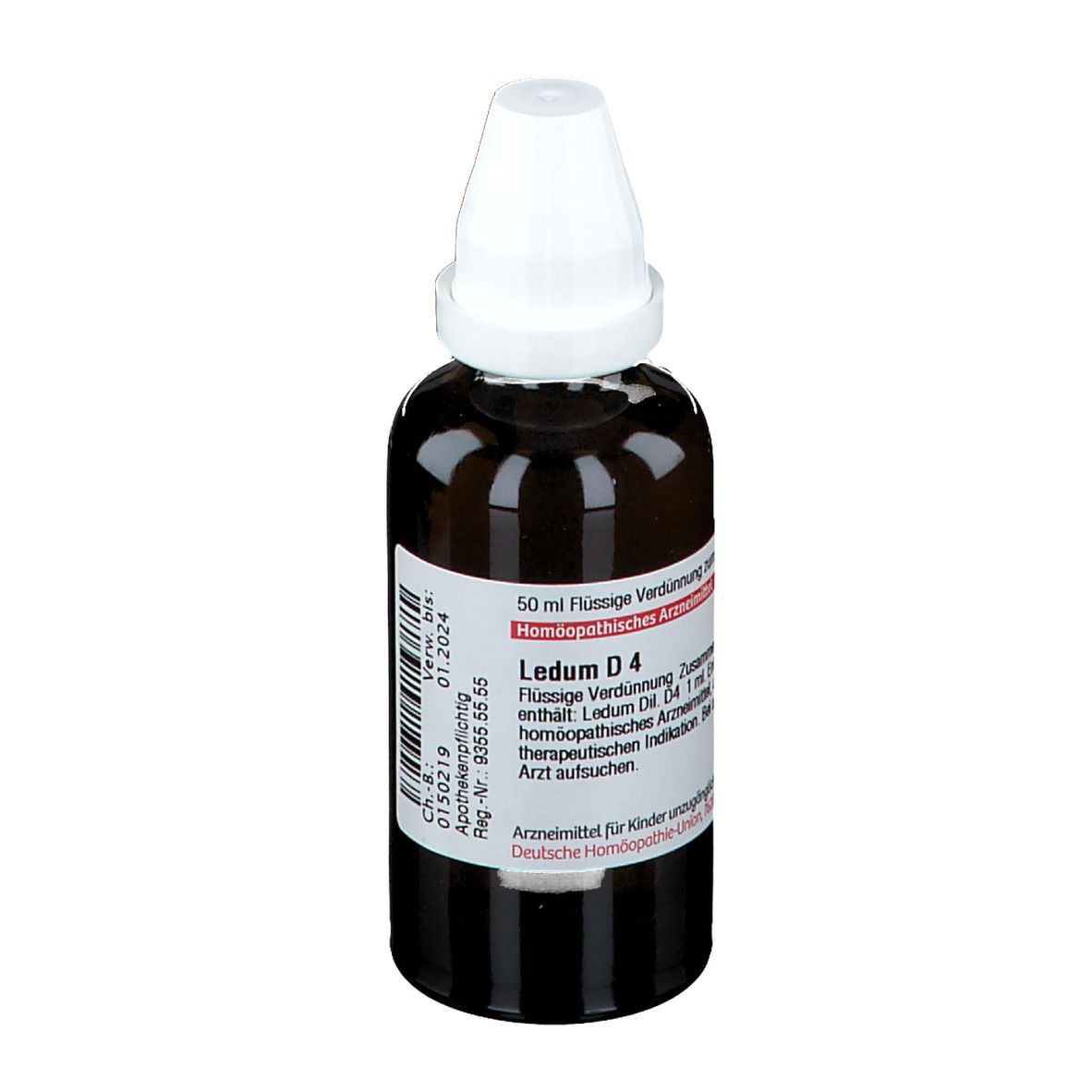 Braune Glasflasche mit weißem Verschluss. Etikett mit Text: Ledum D4, homöopathisches Arzneimittel. Deutsche Homöopathie-Union. Verfallsdatum.