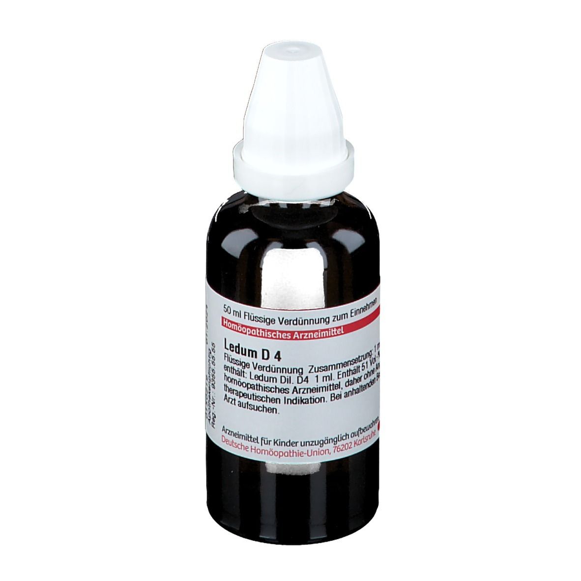 Braune Glasflasche mit weißem Verschluss. Etikett mit Text: Ledum D4, homöopathisches Arzneimittel. Deutsche Homöopathie-Union.
